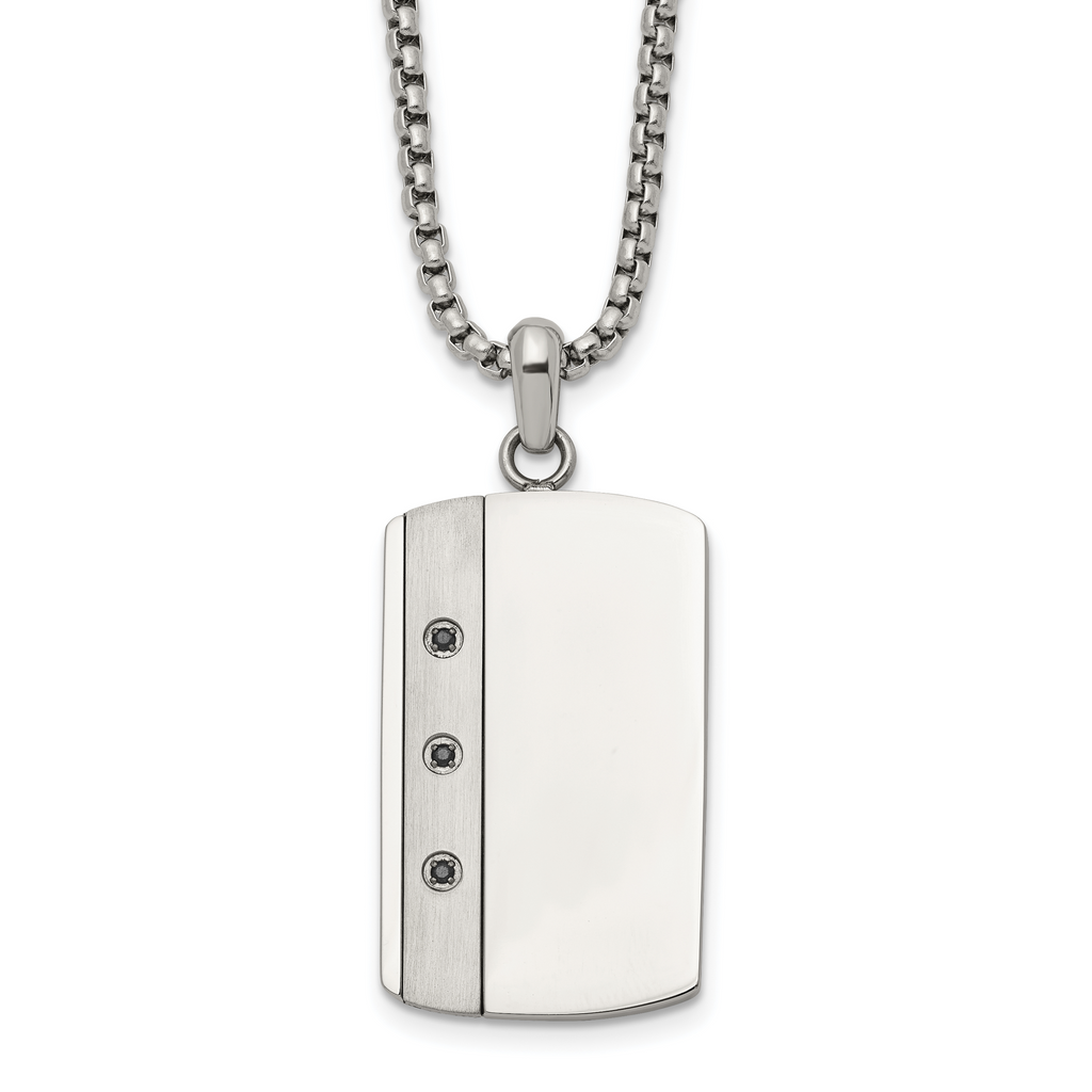 Men's Brushed and Polished Black Cubic Zirconia Dog Tag Stainless Steel Box Chain Pendant Necklace 1.8mm 20in
