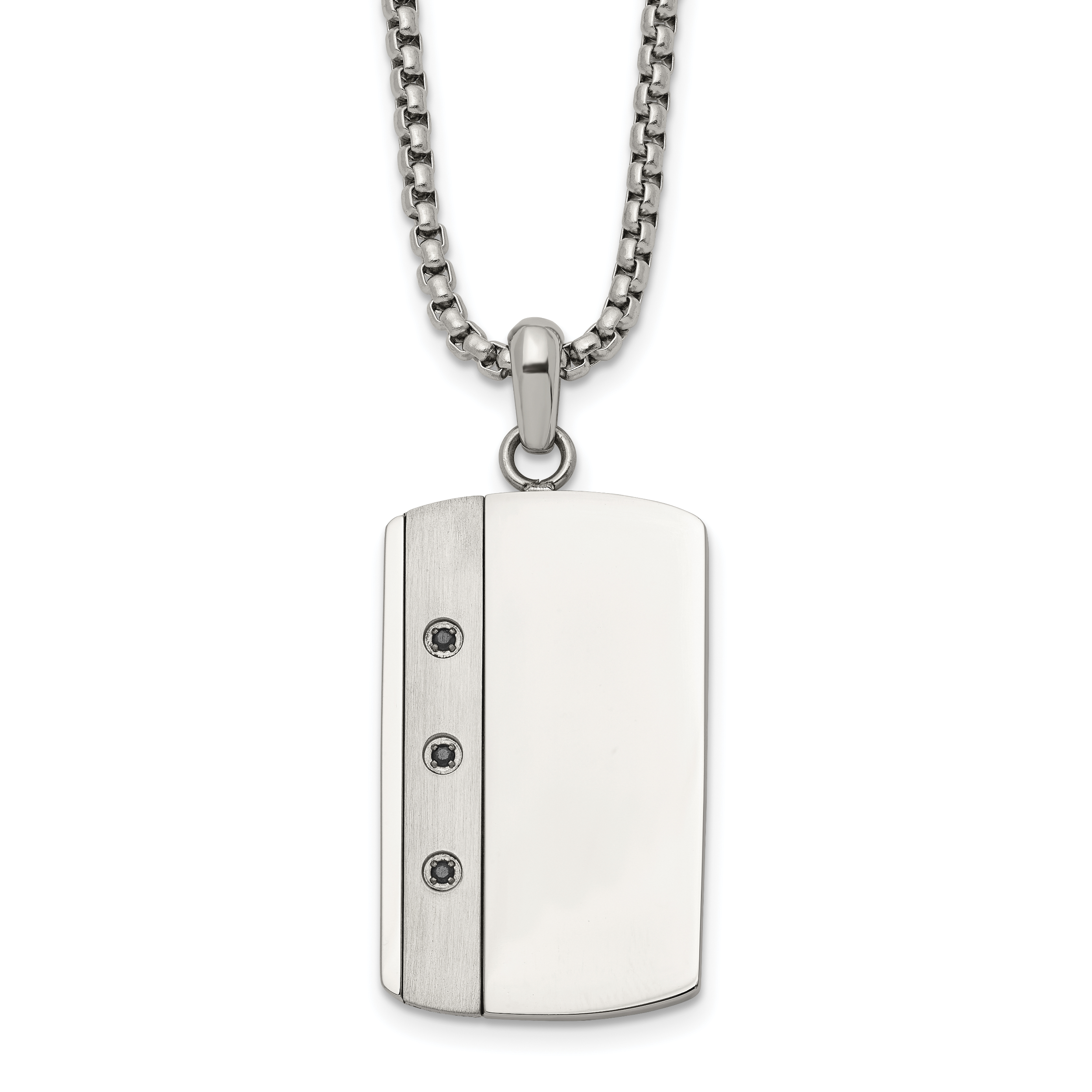 Men's Brushed and Polished Black Cubic Zirconia Dog Tag Stainless Steel Box Chain Pendant Necklace 1.8mm 20in