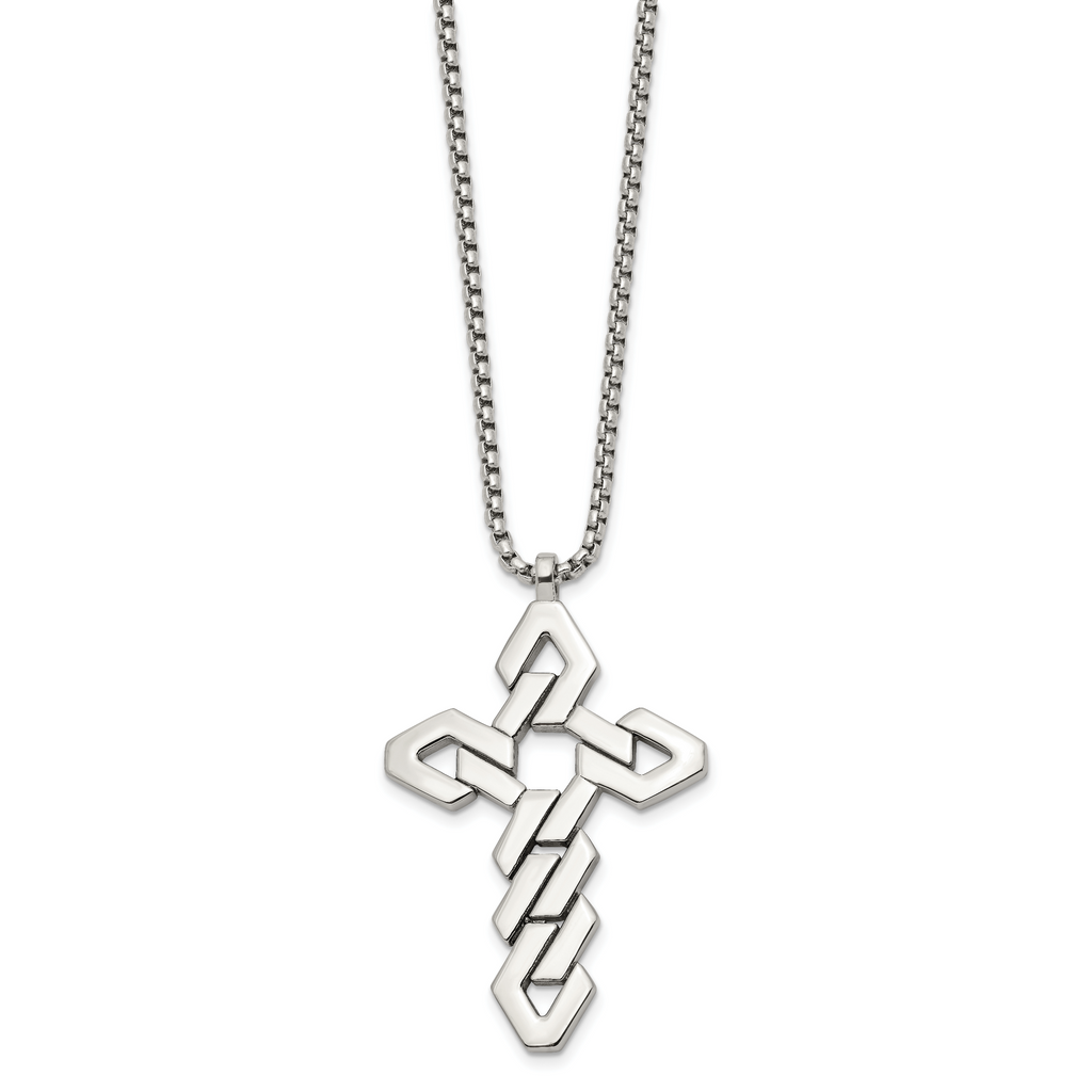 Men's Polished Cross Stainless Steel Box Chain Necklace 1.8mm 22in