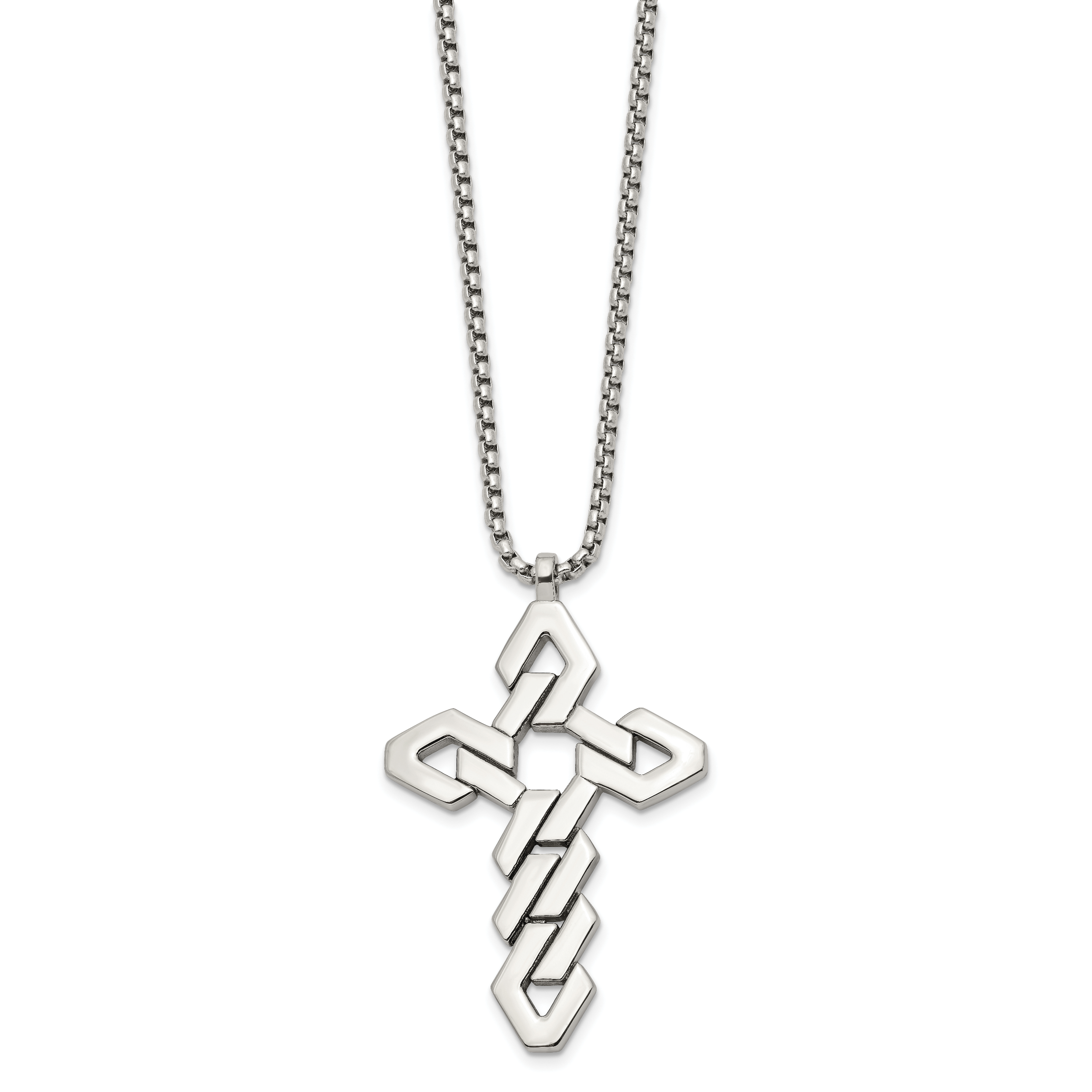 Men's Polished Cross Stainless Steel Box Chain Necklace 1.8mm 22in