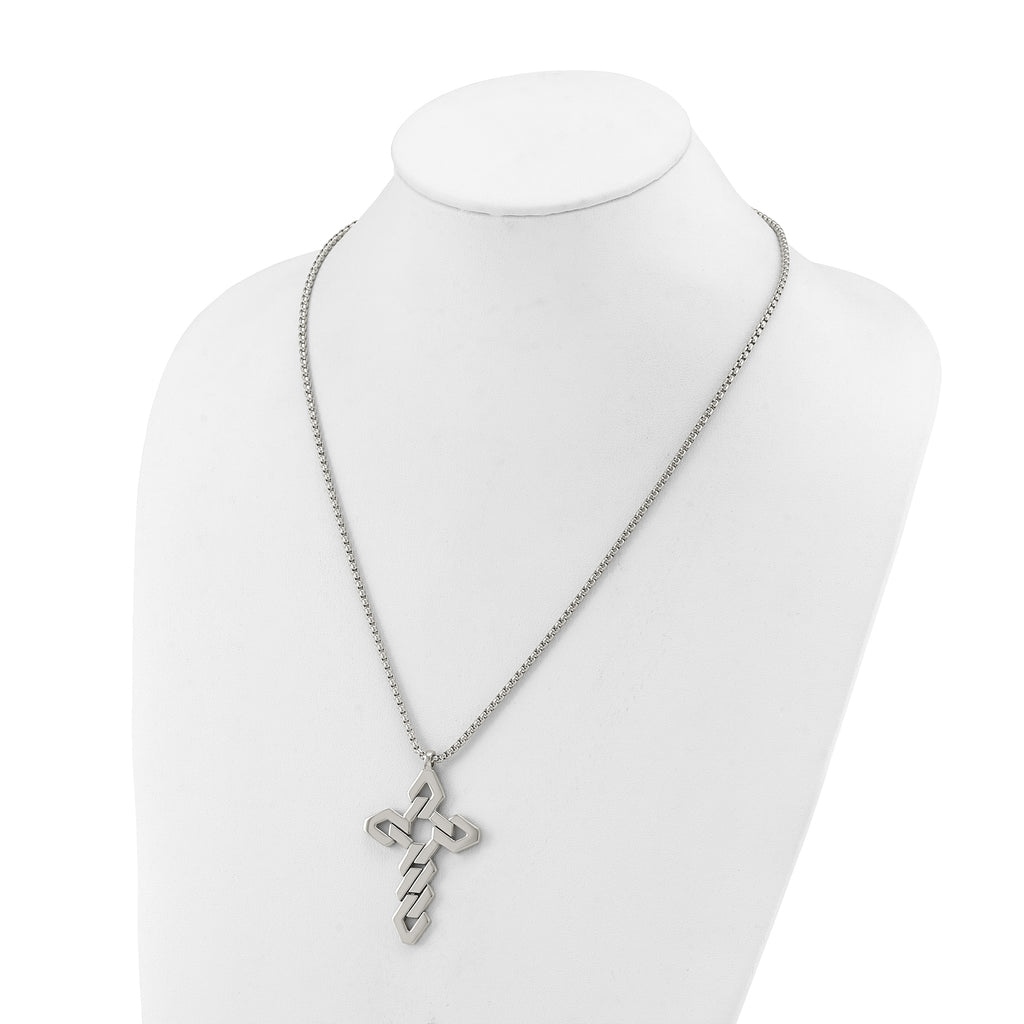 Men's Polished Cross Stainless Steel Box Chain Necklace 1.8mm 22in