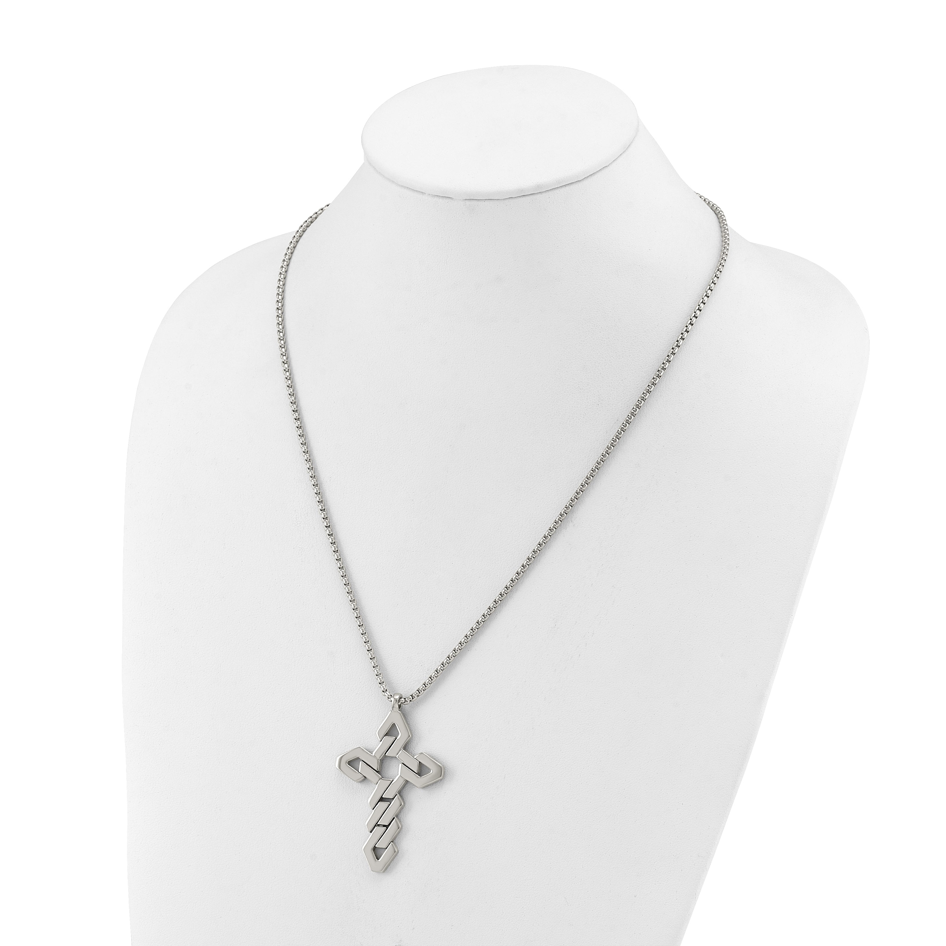 Men's Polished Cross Stainless Steel Box Chain Necklace 1.8mm 22in