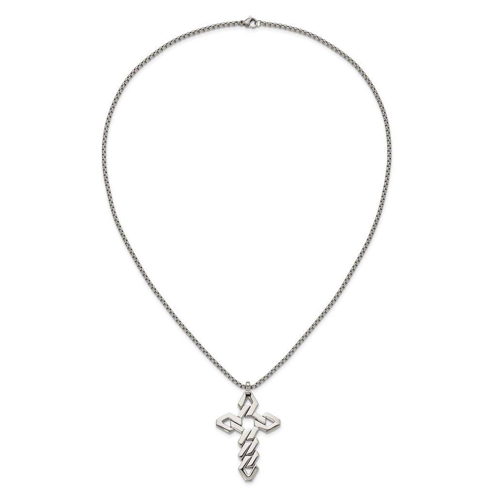Men's Polished Cross Stainless Steel Box Chain Necklace 1.8mm 22in