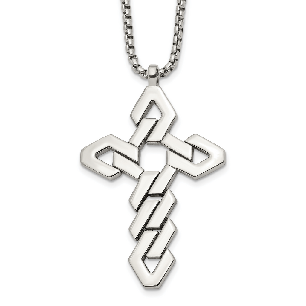 Men's Polished Cross Stainless Steel Box Chain Necklace 1.8mm 22in