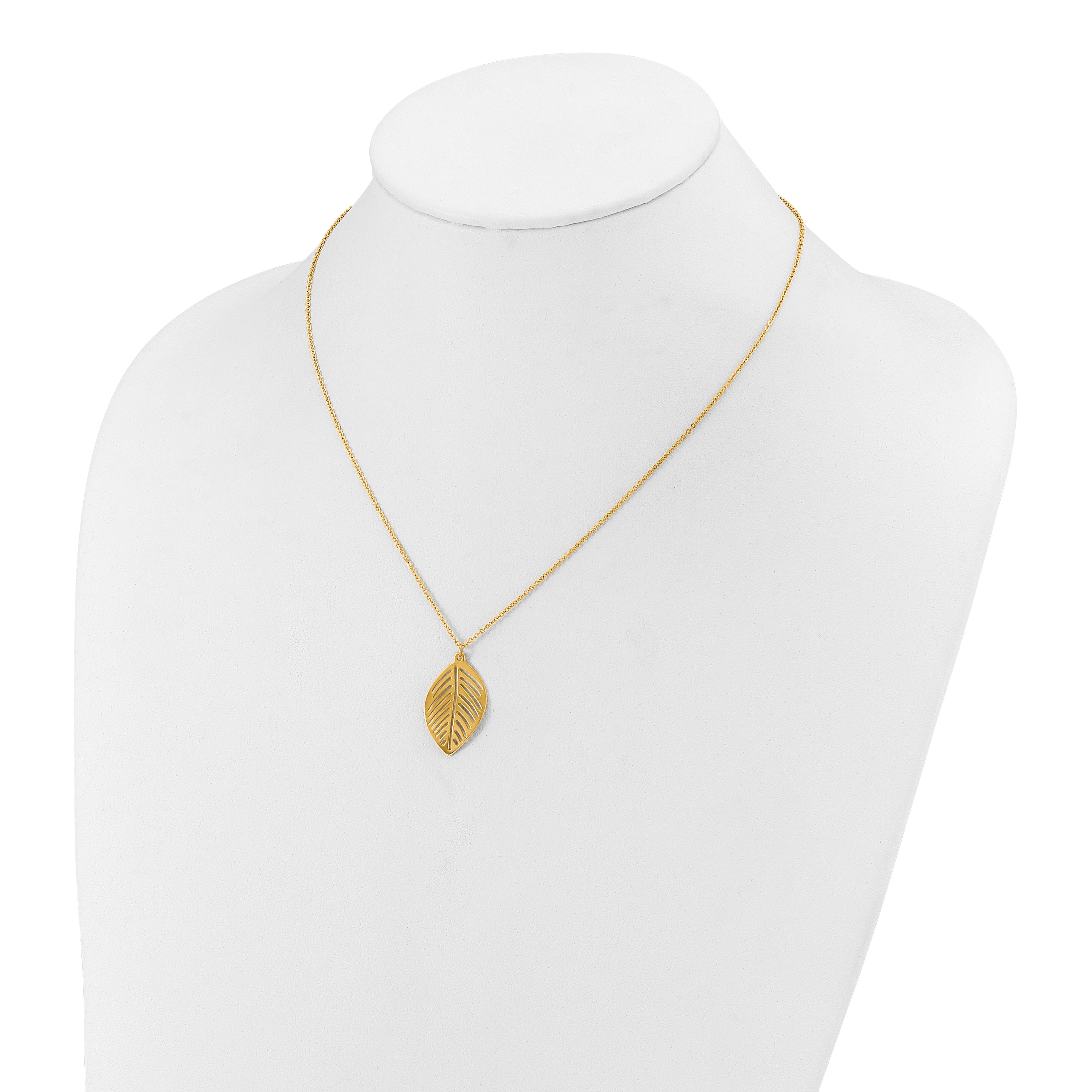 Gold-Tone Polished Leaf Stainless Steel Cable Chain Pendant Necklace 0.85mm