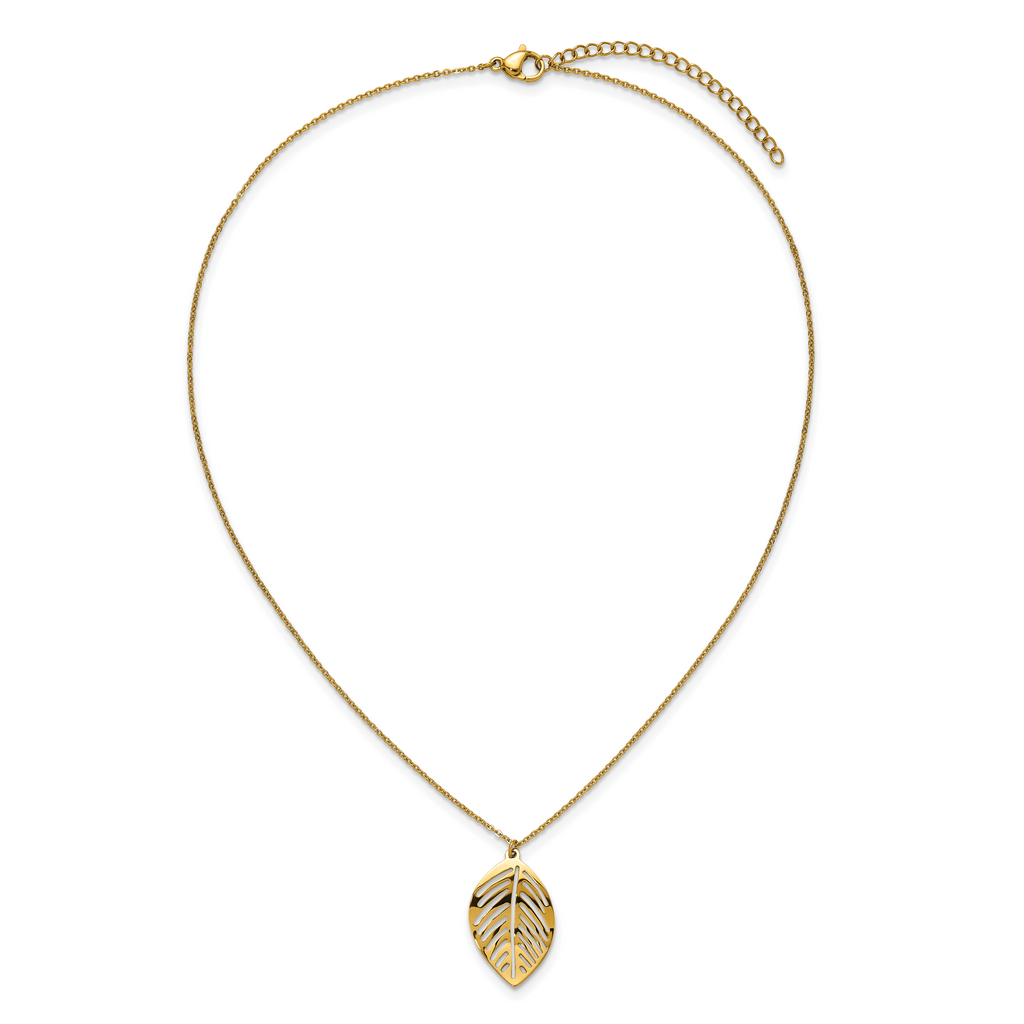 Gold-Tone Polished Leaf Stainless Steel Cable Chain Pendant Necklace 0.85mm