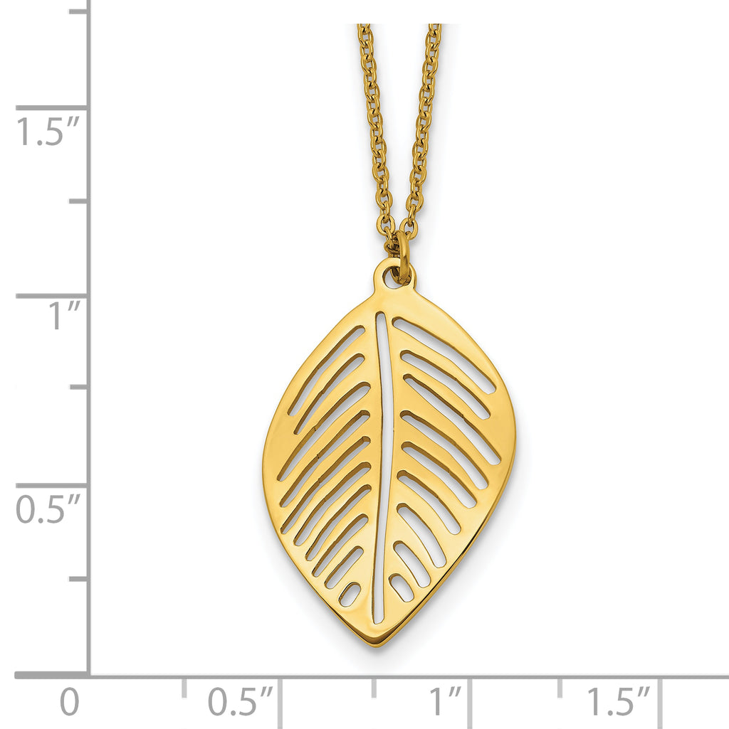 Gold-Tone Polished Leaf Stainless Steel Cable Chain Pendant Necklace 0.85mm