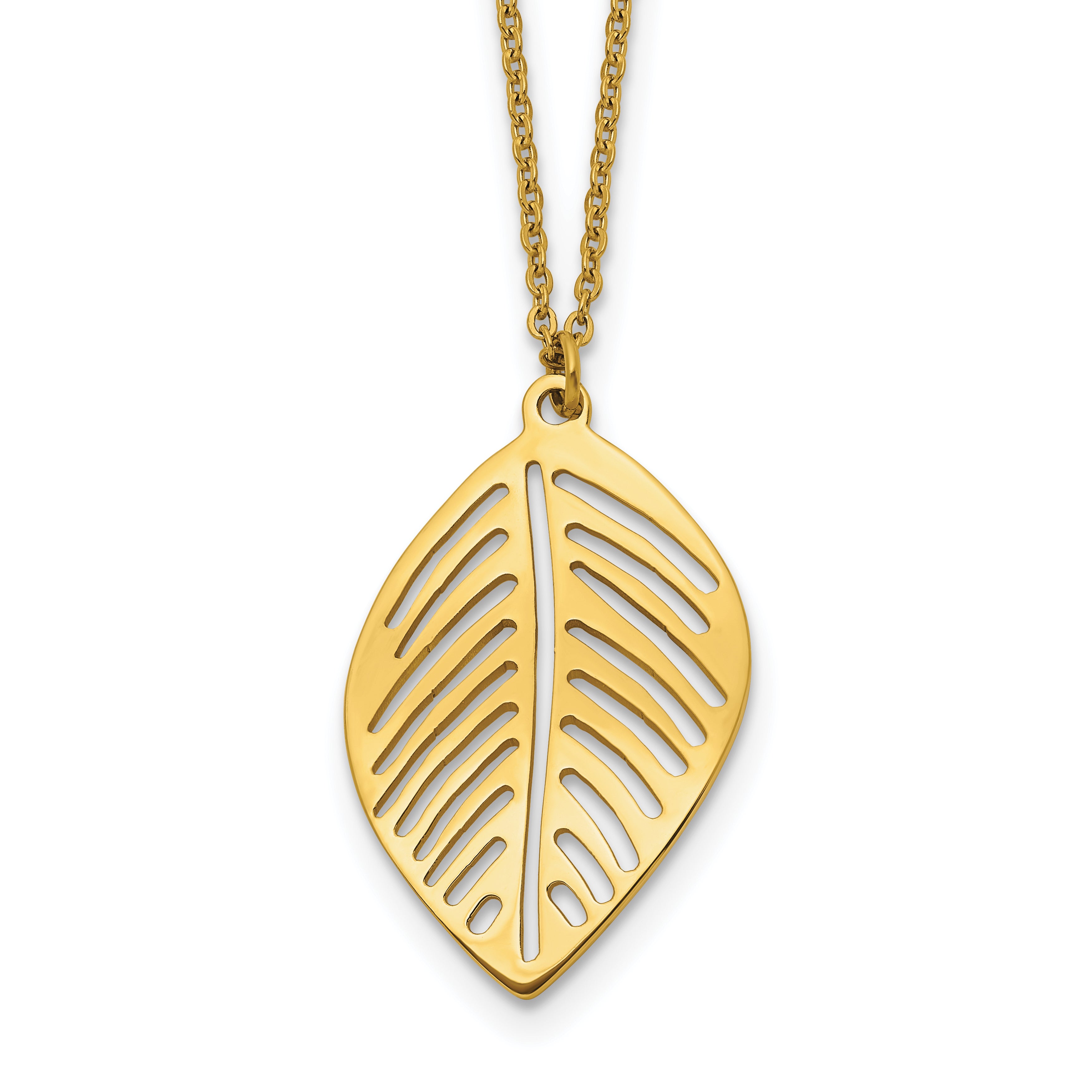Gold-Tone Polished Leaf Stainless Steel Cable Chain Pendant Necklace 0.85mm