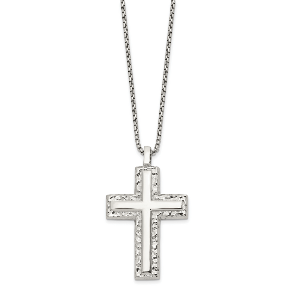 Men's Polished Cross Stainless Steel Box Chain Necklace 1.8mm Textured