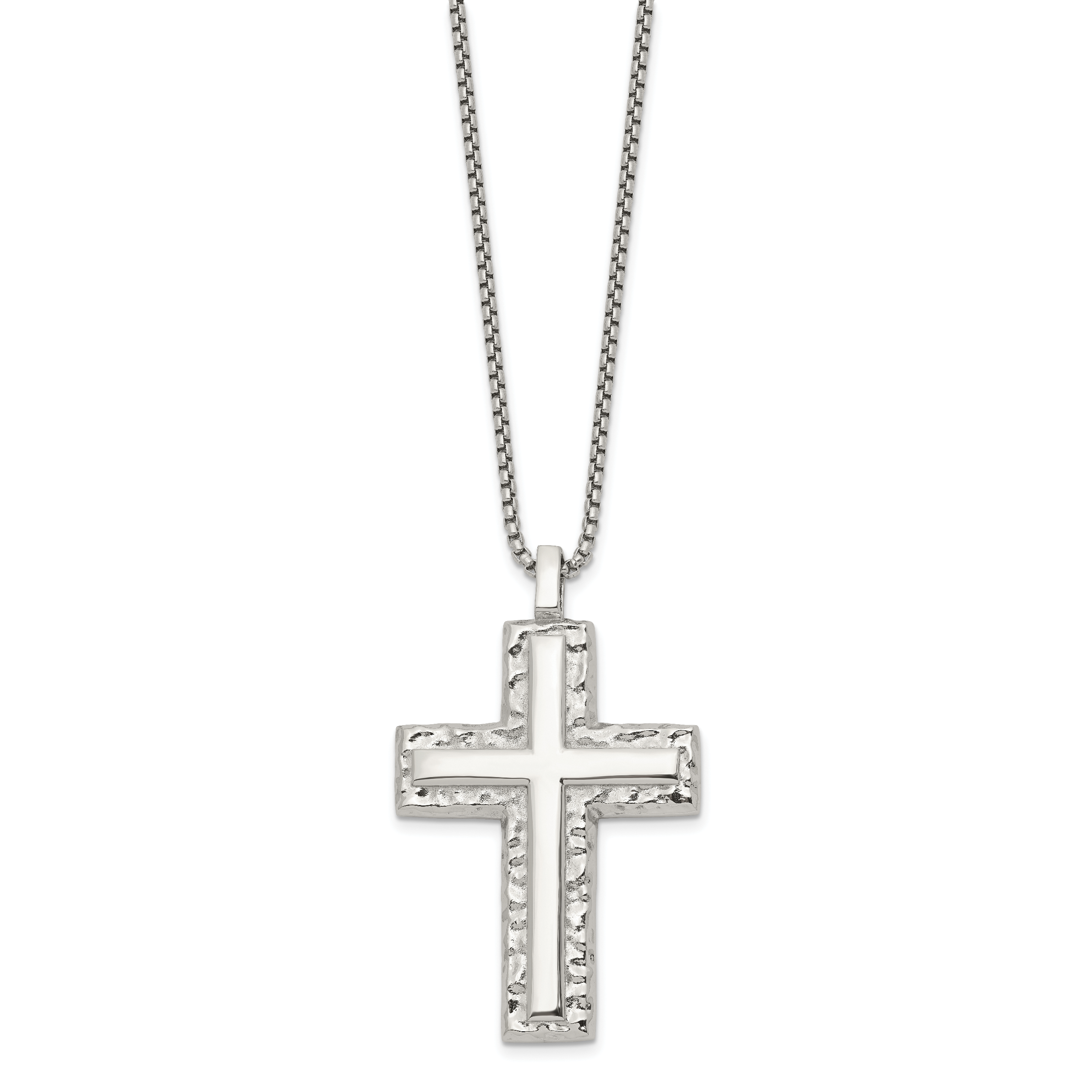Men's Polished Cross Stainless Steel Box Chain Necklace 1.8mm Textured