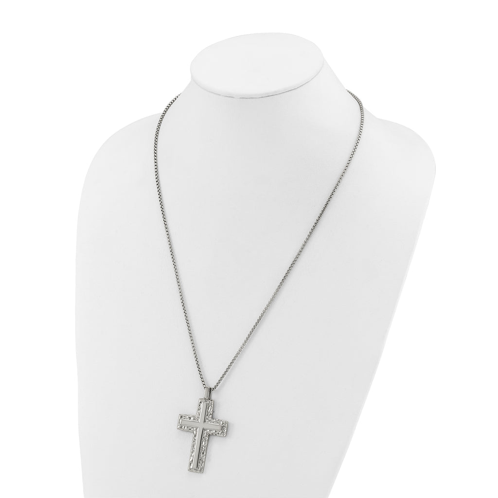 Men's Polished Cross Stainless Steel Box Chain Necklace 1.8mm Textured