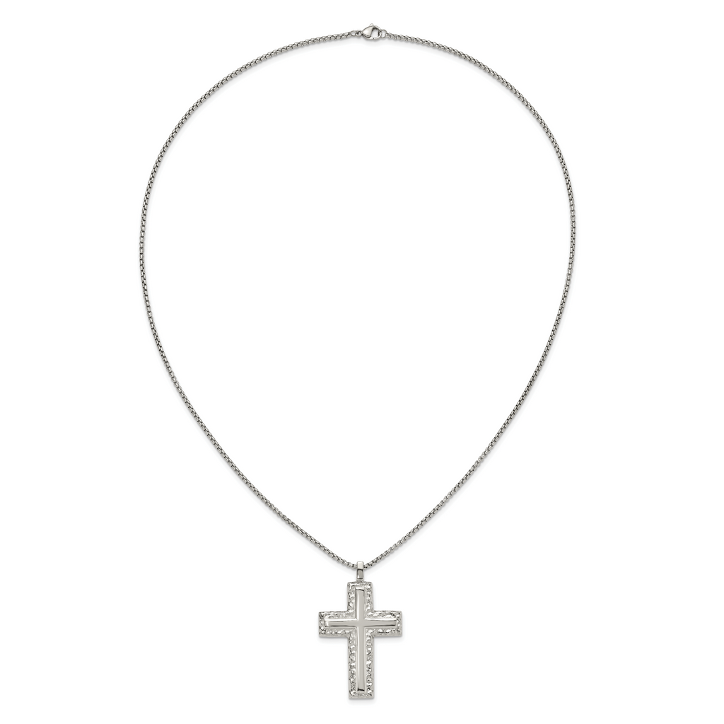 Men's Polished Cross Stainless Steel Box Chain Necklace 1.8mm Textured