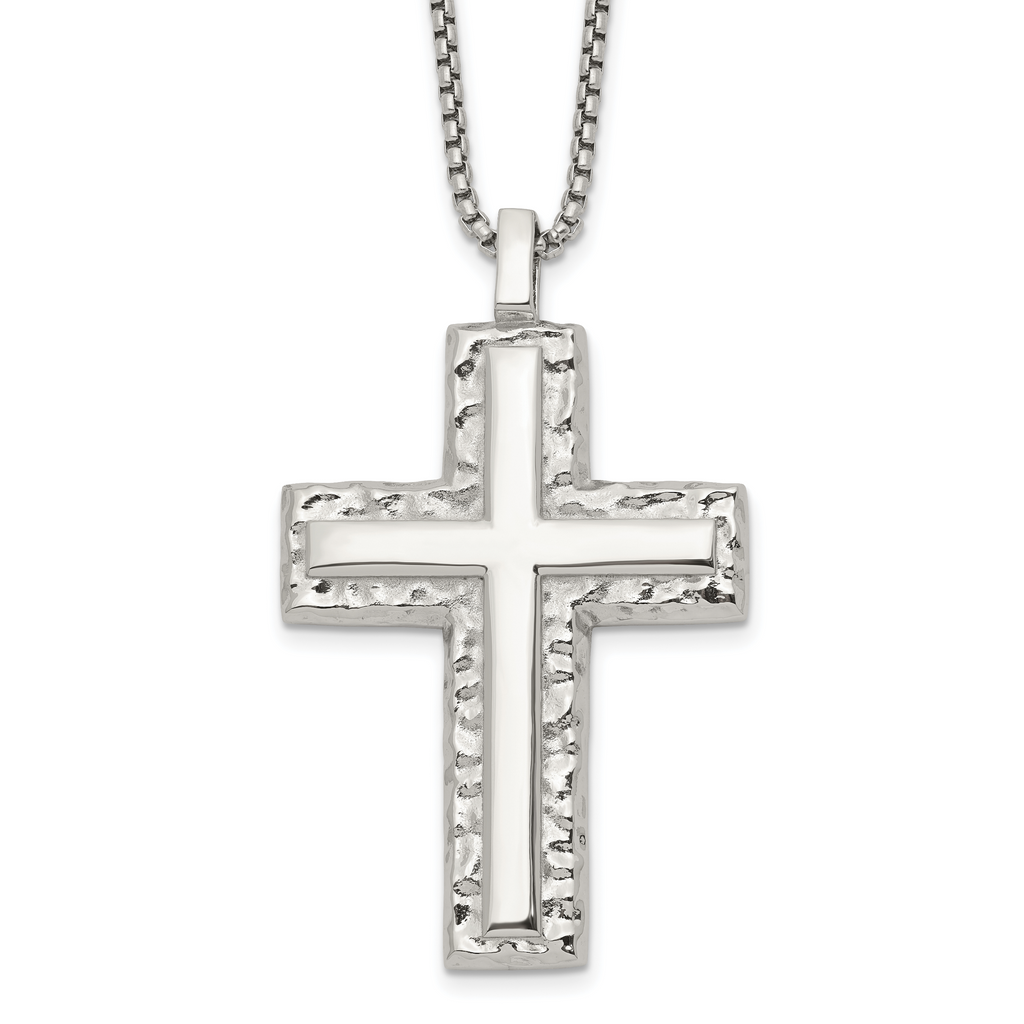 Men's Polished Cross Stainless Steel Box Chain Necklace 1.8mm Textured
