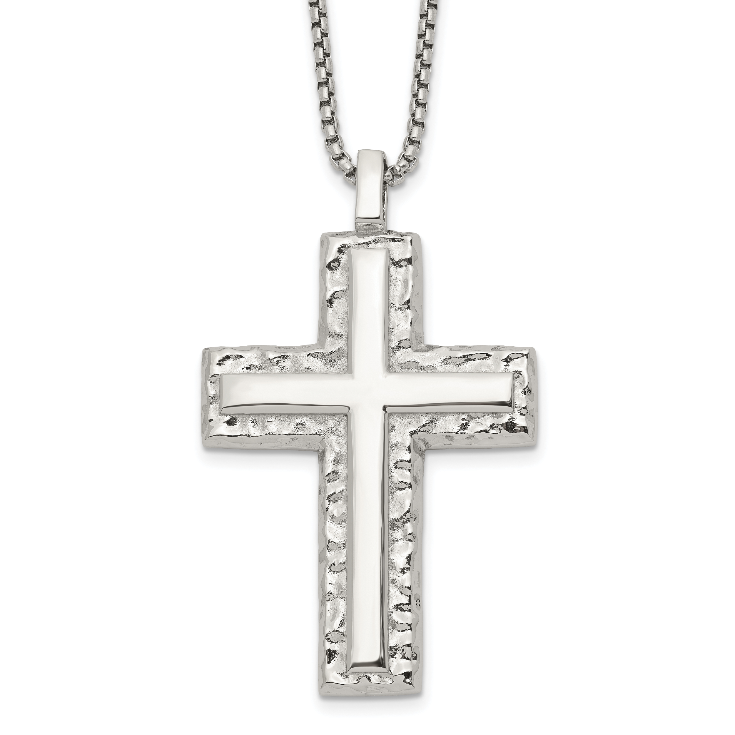 Men's Polished Cross Stainless Steel Box Chain Necklace 1.8mm Textured
