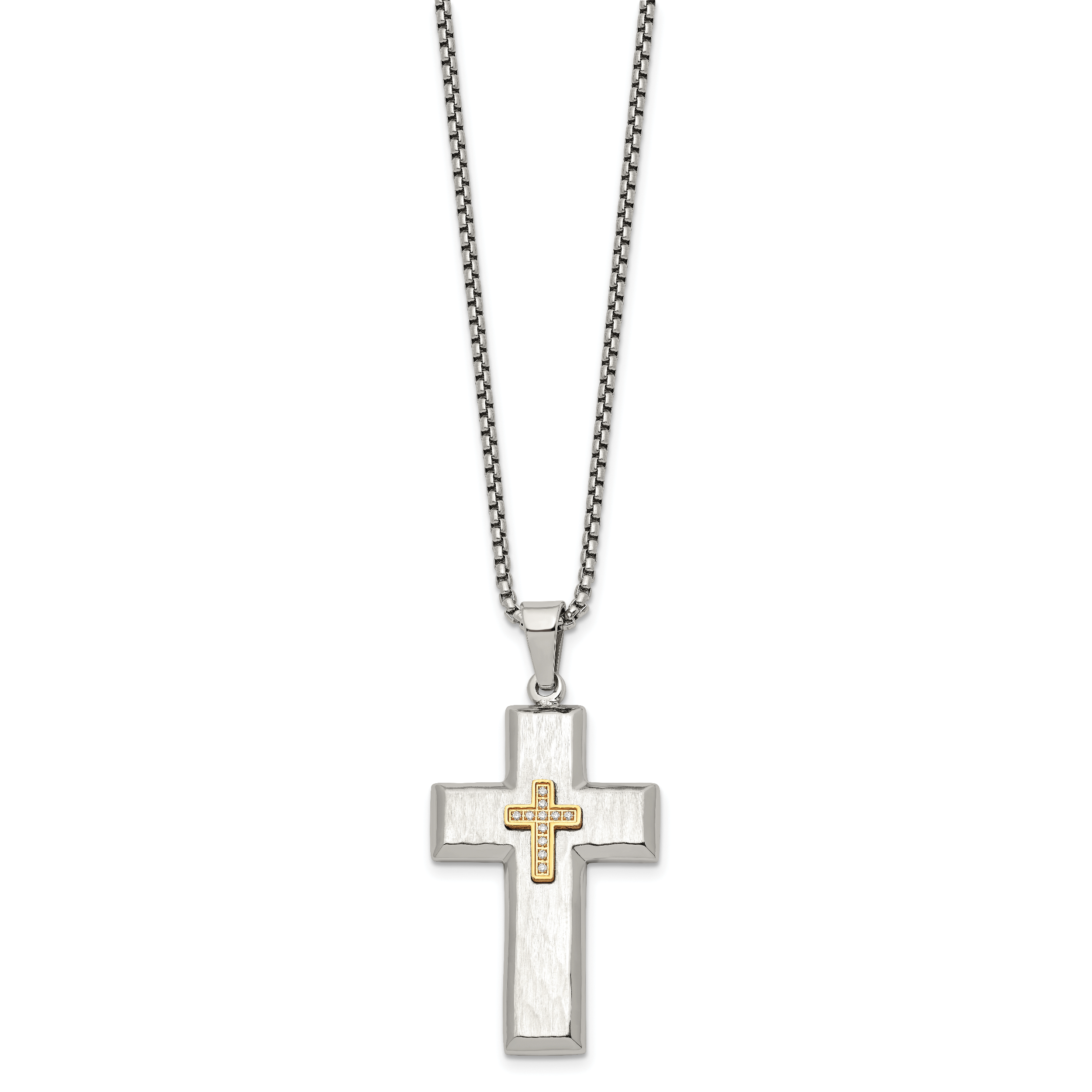 Men's Gold-Tone Hammered Cubic Zirconia Cross Stainless Steel Box Chain Necklace 1.8mm Secondary image