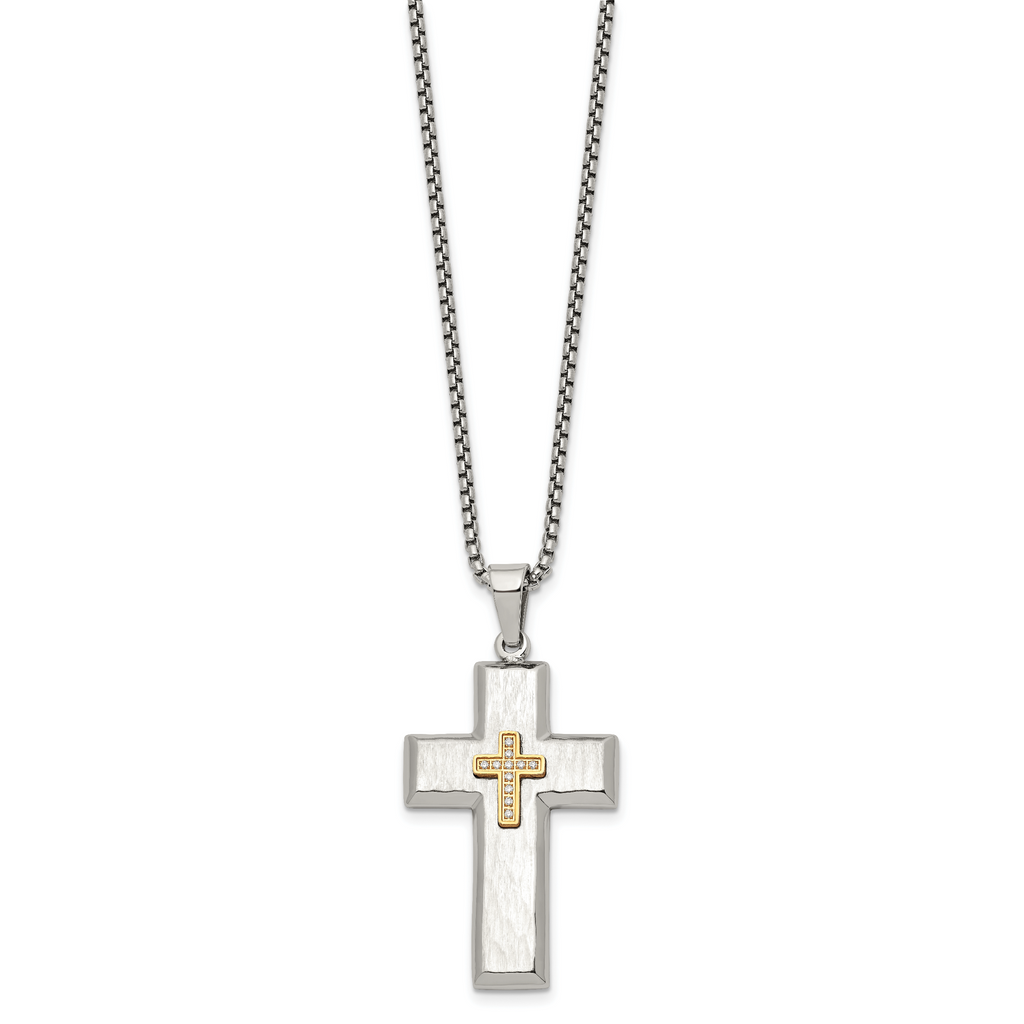 Men's Gold-Tone Hammered Cubic Zirconia Cross Stainless Steel Box Chain Necklace 1.8mm