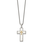 Men's Gold-Tone Hammered Cubic Zirconia Cross Stainless Steel Box Chain Necklace 1.8mm