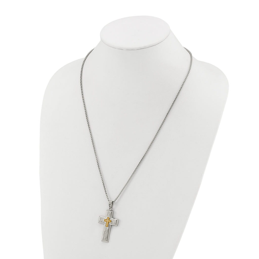 Men's Gold-Tone Hammered Cubic Zirconia Cross Stainless Steel Box Chain Necklace 1.8mm