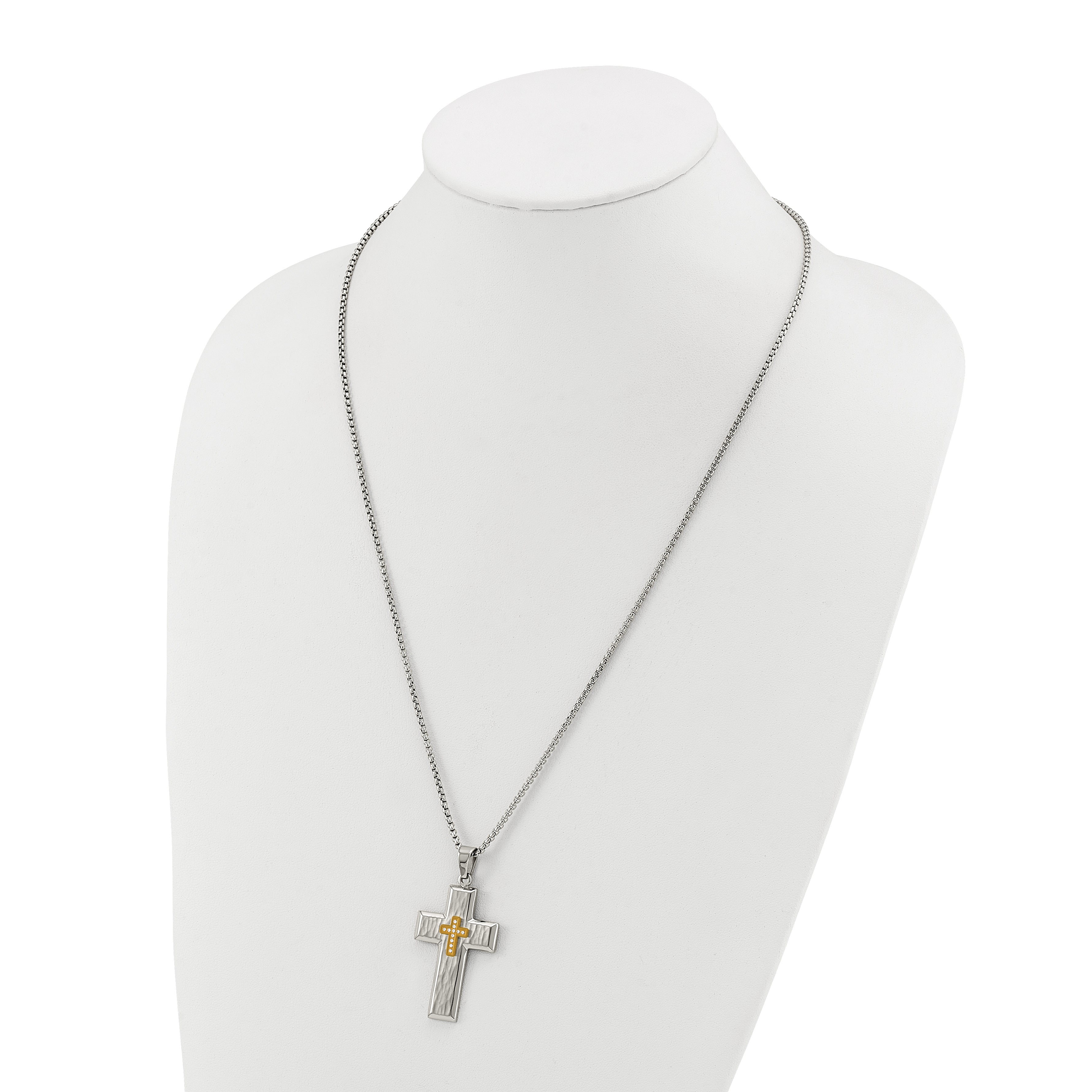 Men's Gold-Tone Hammered Cubic Zirconia Cross Stainless Steel Box Chain Necklace 1.8mm