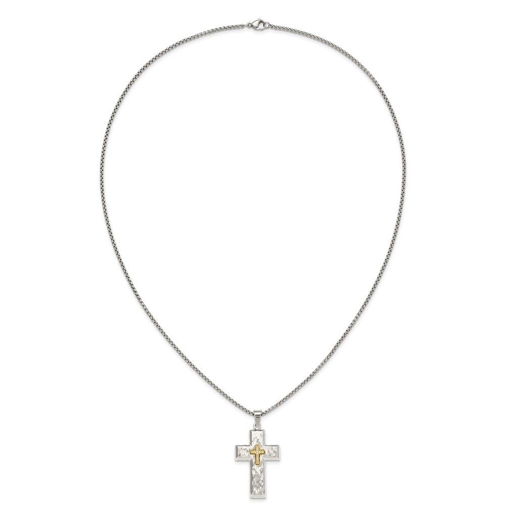 Men's Gold-Tone Hammered Cubic Zirconia Cross Stainless Steel Box Chain Necklace 1.8mm