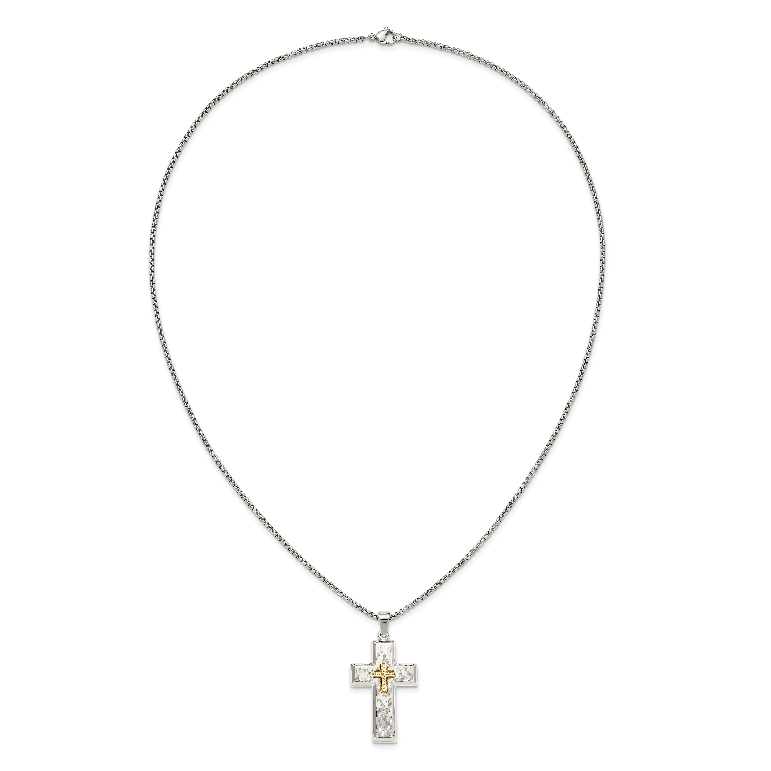 Men's Gold-Tone Hammered Cubic Zirconia Cross Stainless Steel Box Chain Necklace 1.8mm