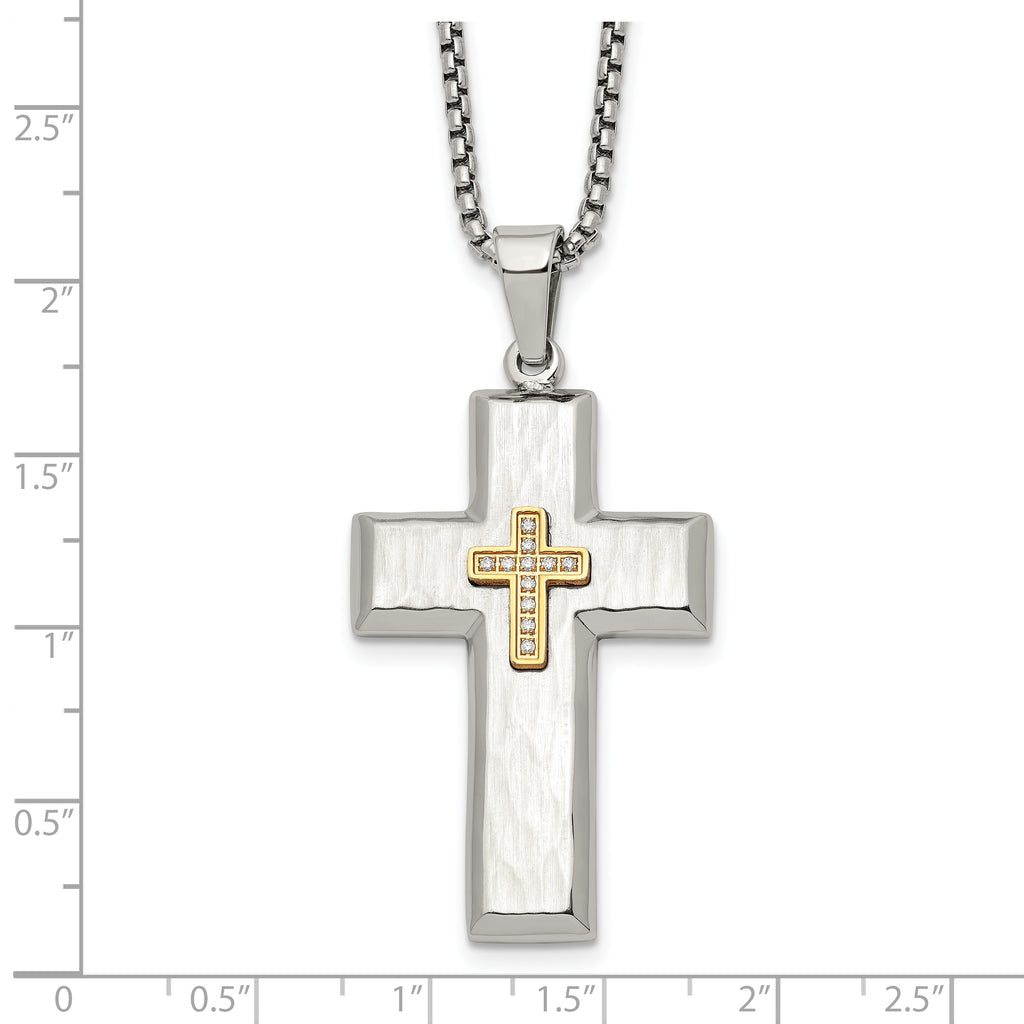 Men's Gold-Tone Hammered Cubic Zirconia Cross Stainless Steel Box Chain Necklace 1.8mm