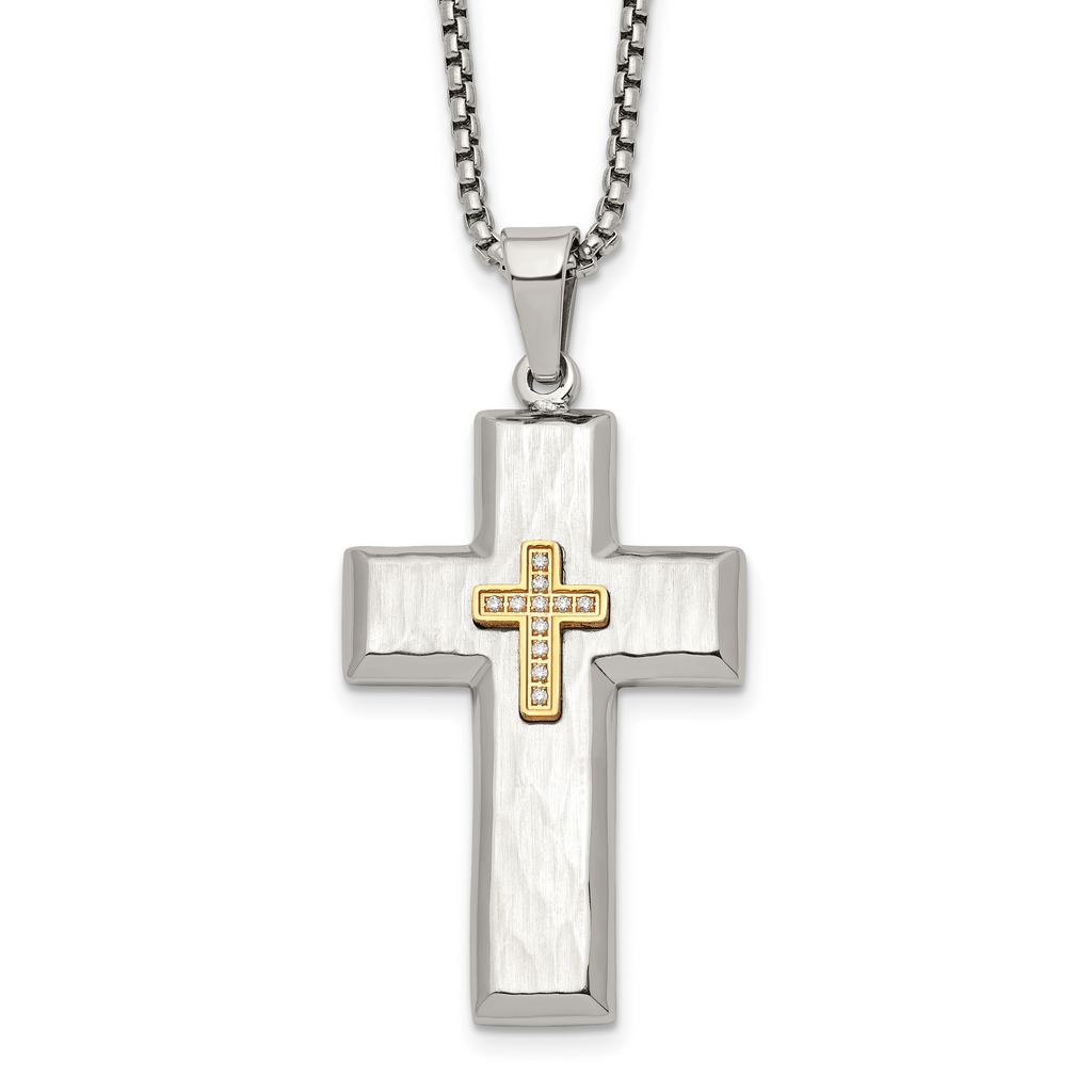 Men's Gold-Tone Hammered Cubic Zirconia Cross Stainless Steel Box Chain Necklace 1.8mm