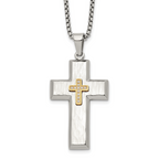 Men's Gold-Tone Hammered Cubic Zirconia Cross Stainless Steel Box Chain Necklace 1.8mm