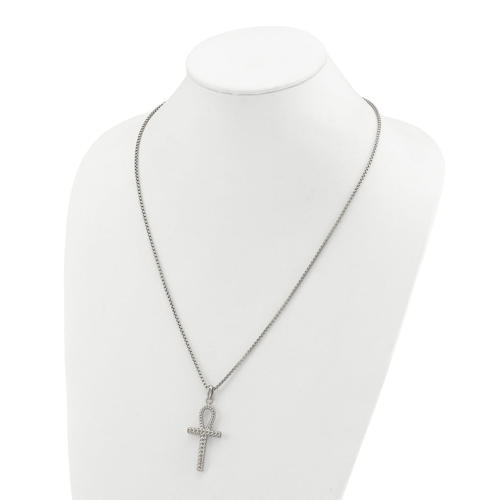 Men's Polished Ankh Cross Stainless Steel Box Chain Necklace 1.8mm