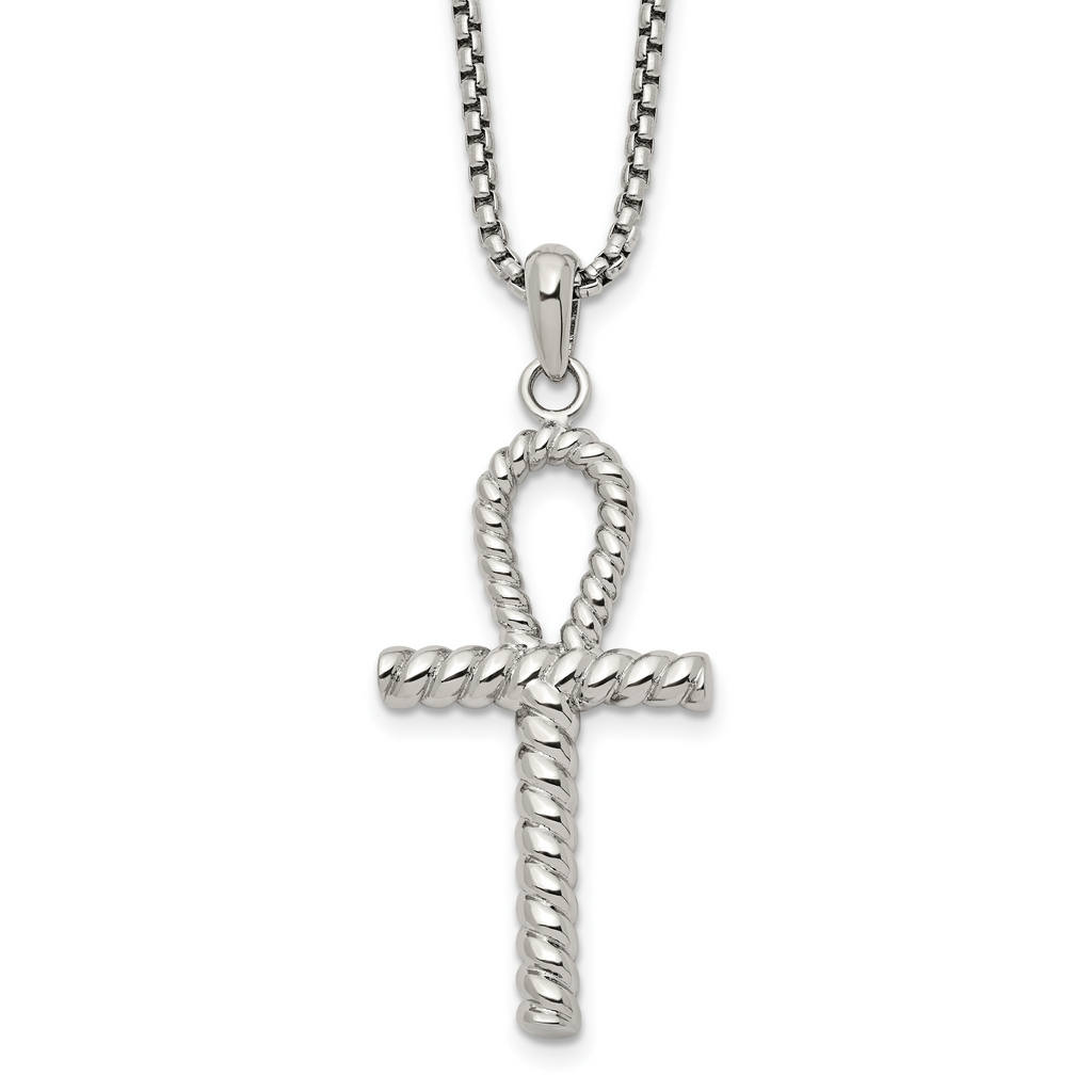 Men's Polished Ankh Cross Stainless Steel Box Chain Necklace 1.8mm