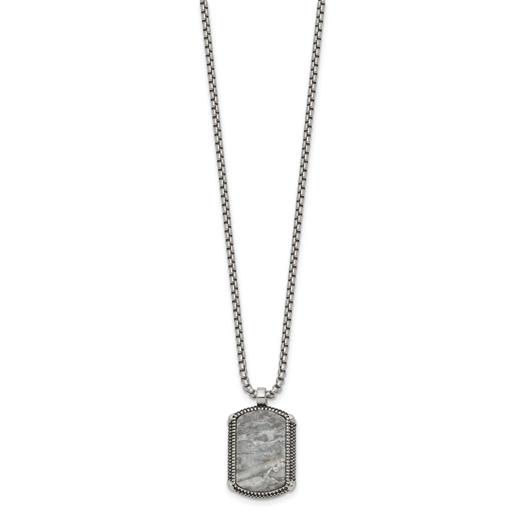 Men's Antiqued Grey Jasper Dog Tag Stainless Steel Box Chain Pendant Necklace 1.8mm