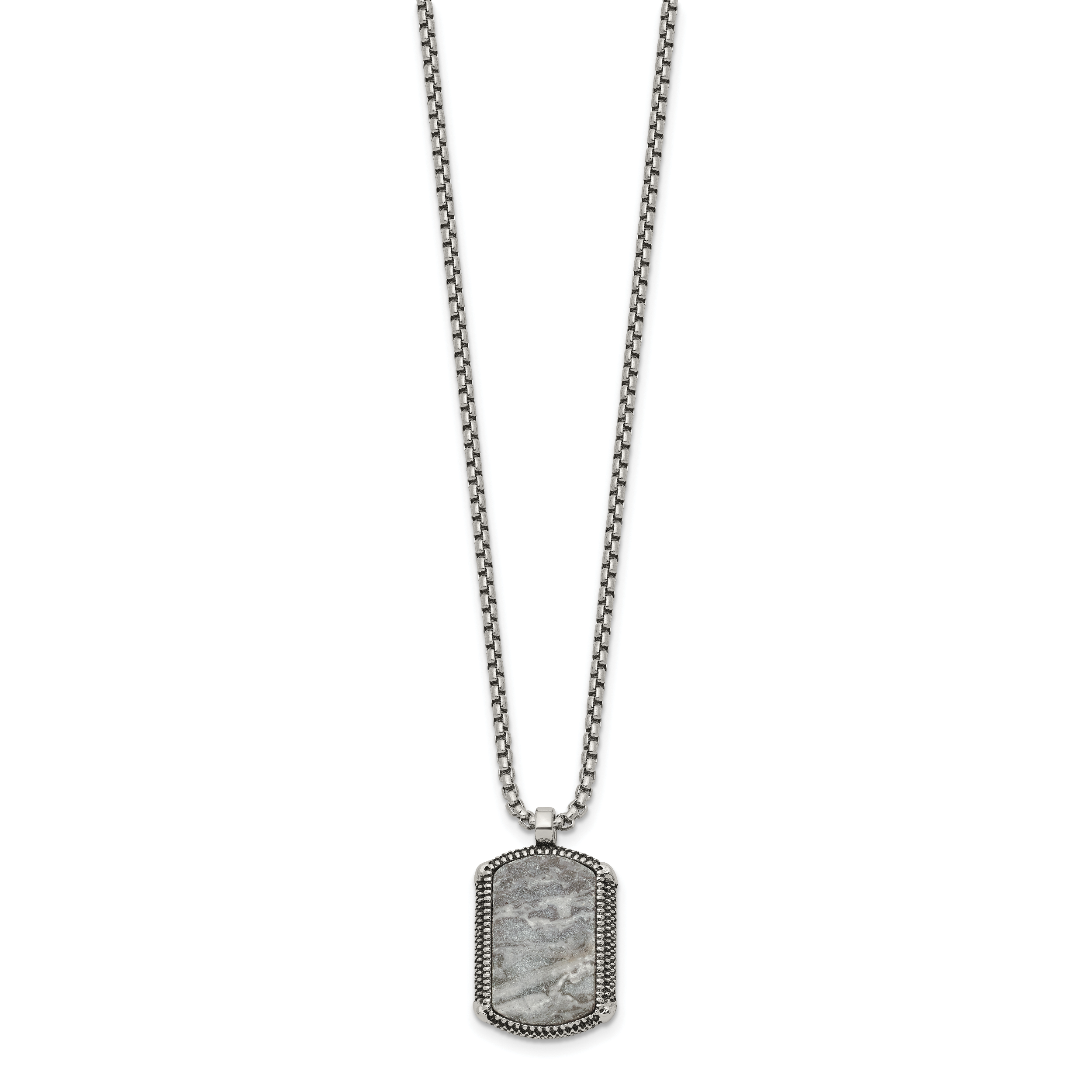 Men's Antiqued Grey Jasper Dog Tag Stainless Steel Box Chain Pendant Necklace 1.8mm