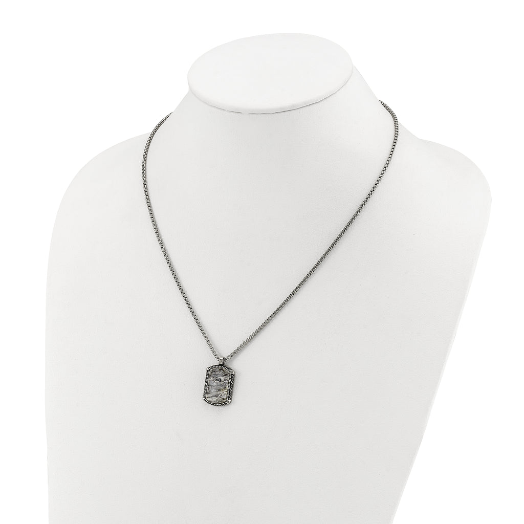 Men's Antiqued Grey Jasper Dog Tag Stainless Steel Box Chain Pendant Necklace 1.8mm
