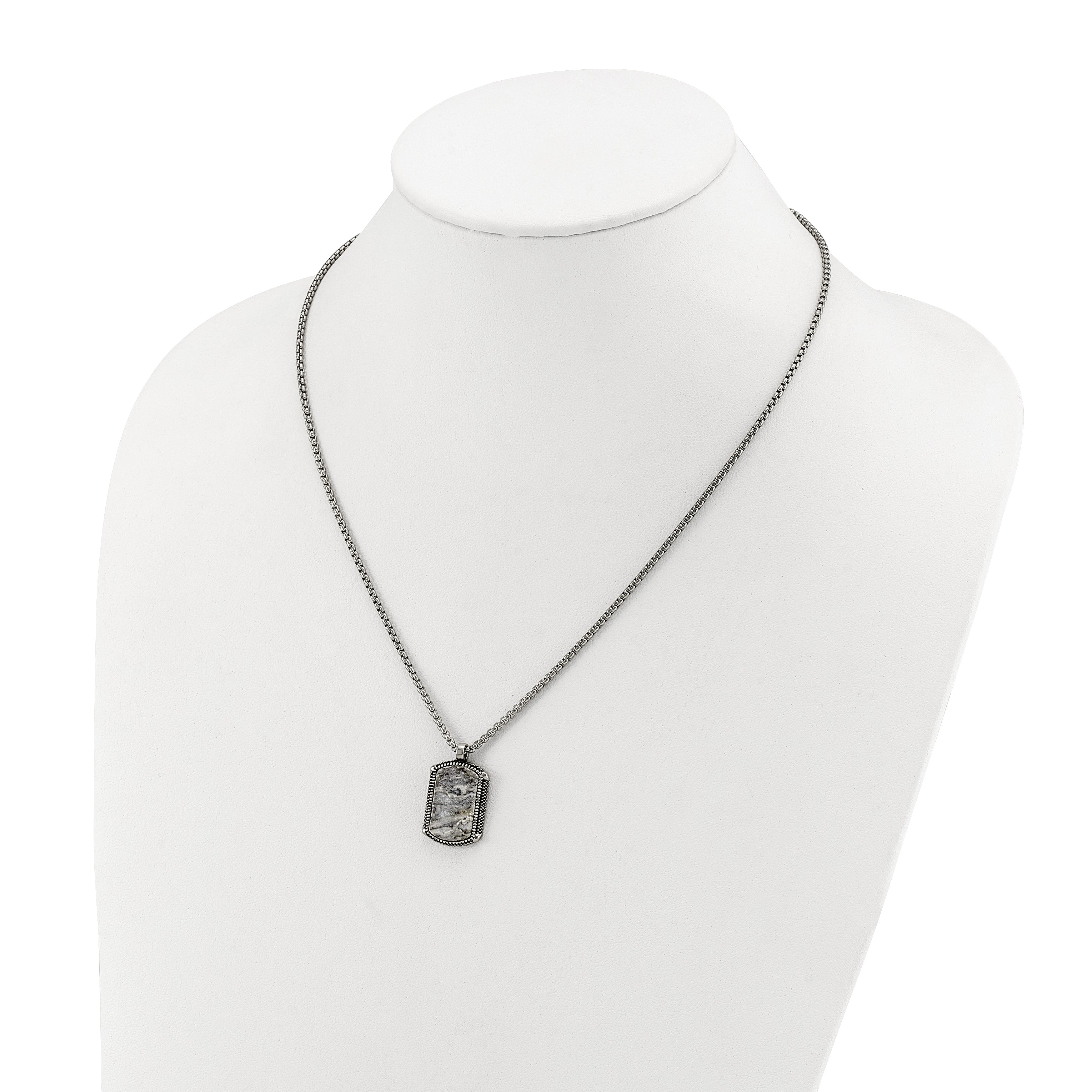 Men's Antiqued Grey Jasper Dog Tag Stainless Steel Box Chain Pendant Necklace 1.8mm