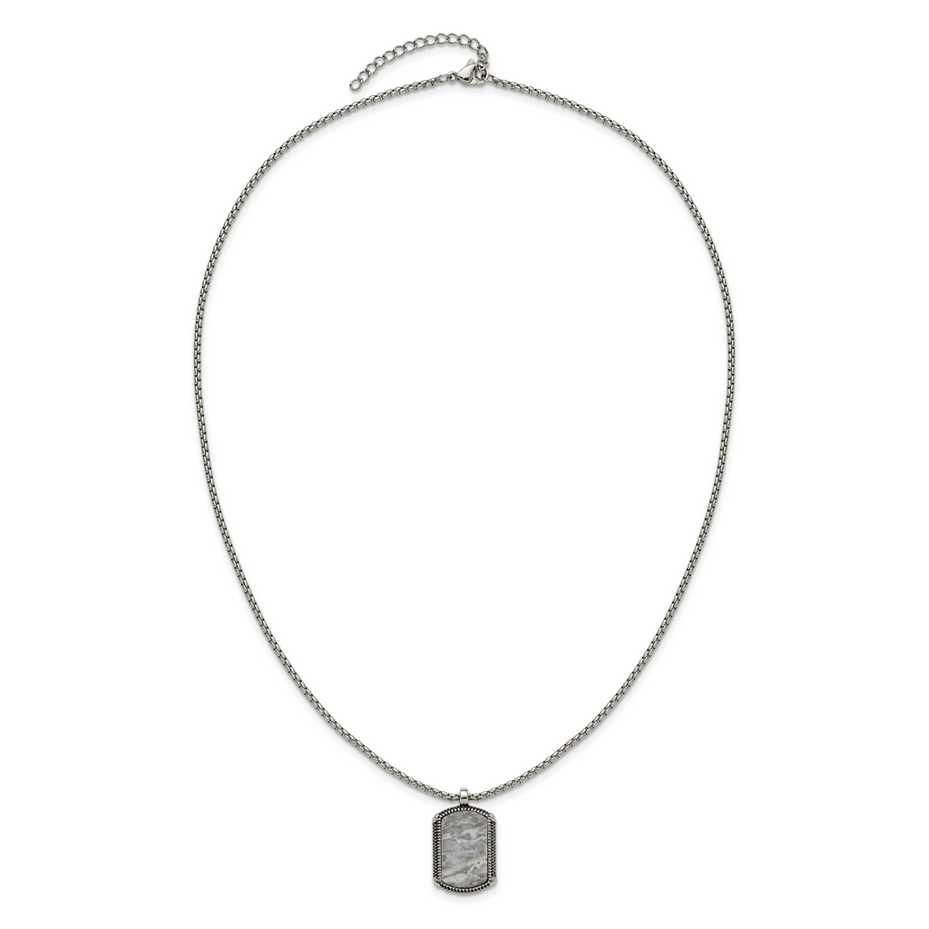 Men's Antiqued Grey Jasper Dog Tag Stainless Steel Box Chain Pendant Necklace 1.8mm