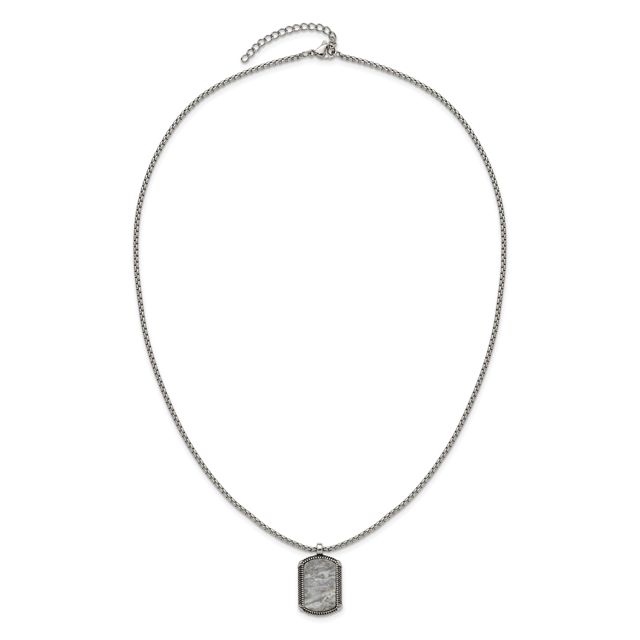 Men's Antiqued Grey Jasper Dog Tag Stainless Steel Box Chain Pendant Necklace 1.8mm
