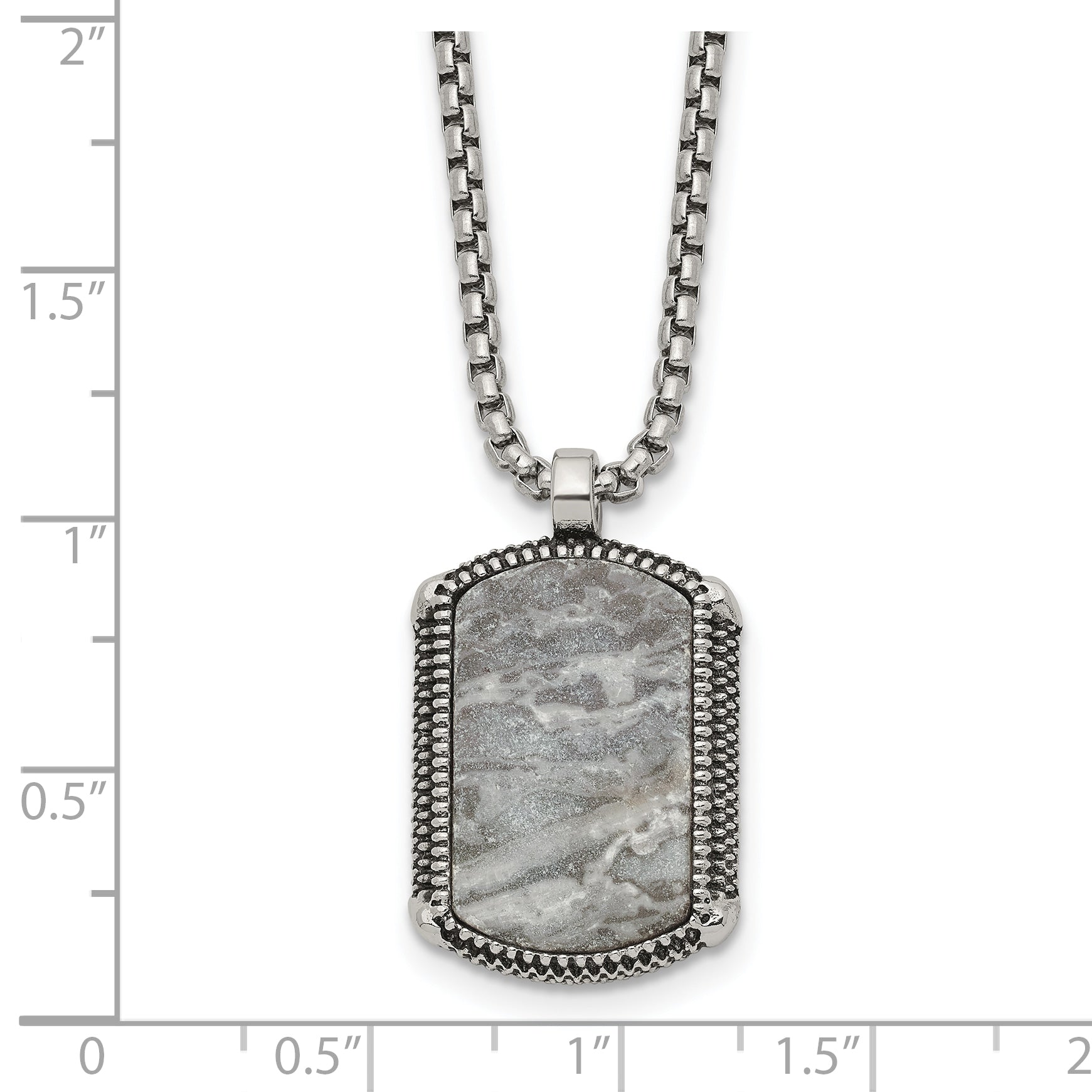 Men's Antiqued Grey Jasper Dog Tag Stainless Steel Box Chain Pendant Necklace 1.8mm