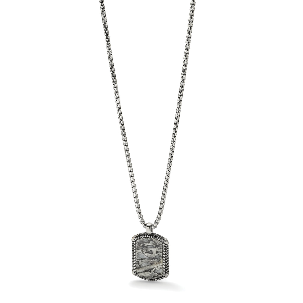 Men's Antiqued Grey Jasper Dog Tag Stainless Steel Box Chain Pendant Necklace 1.8mm