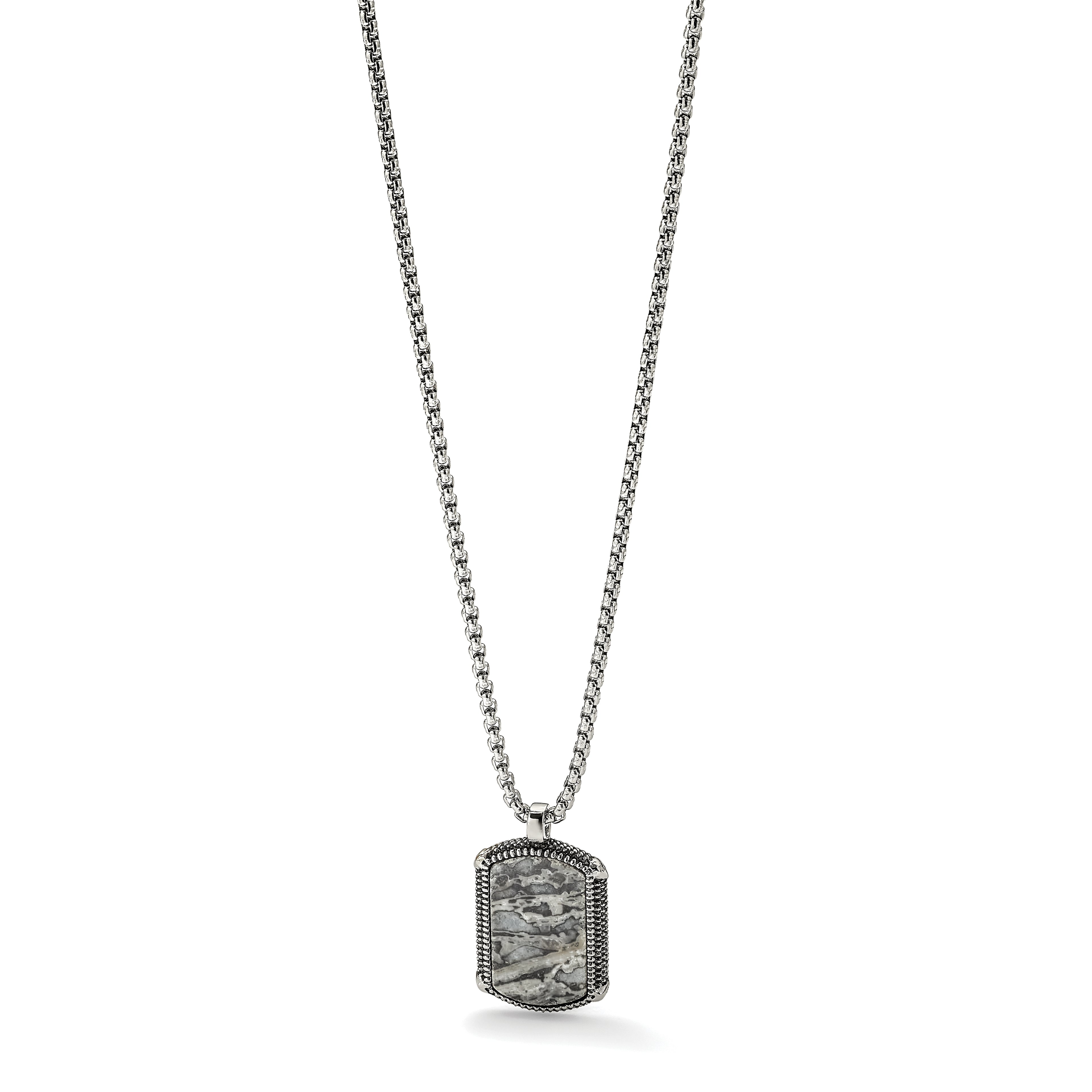 Men's Antiqued Grey Jasper Dog Tag Stainless Steel Box Chain Pendant Necklace 1.8mm