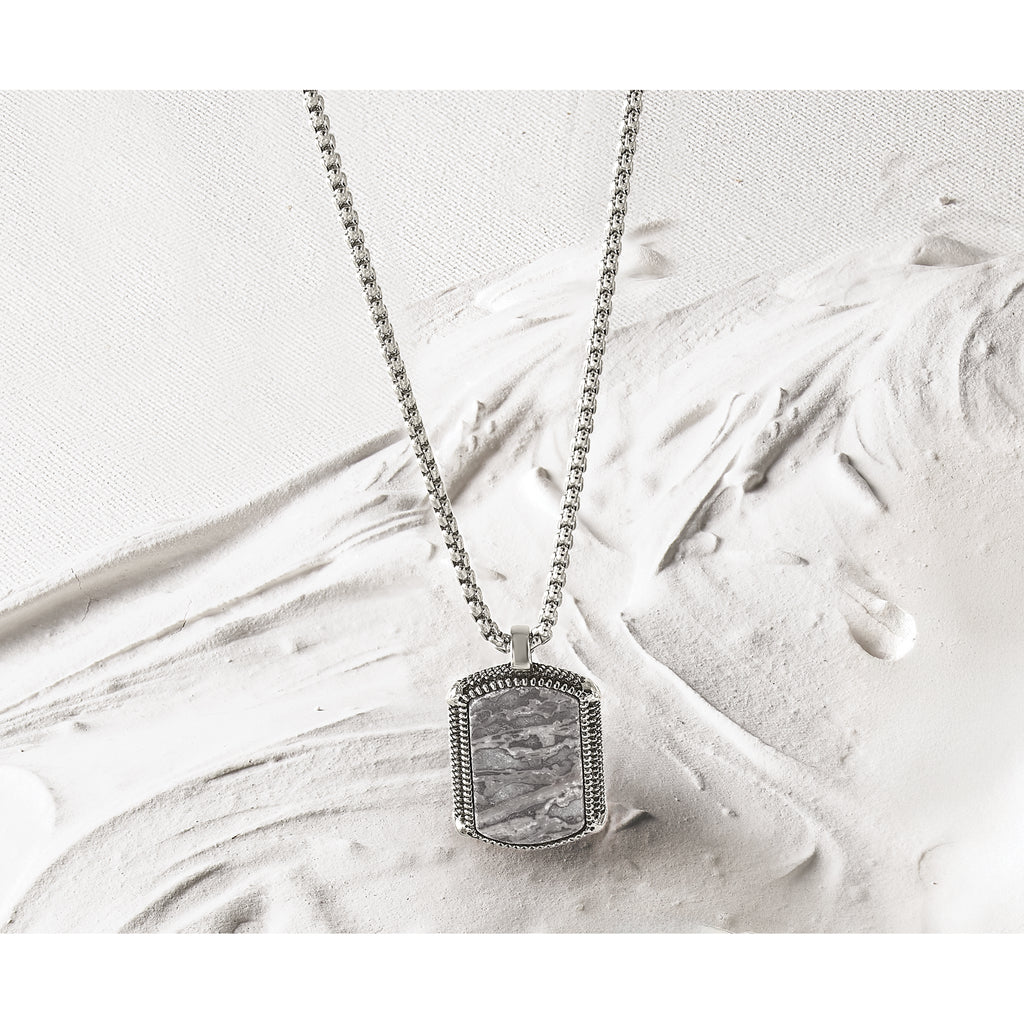 Men's Antiqued Grey Jasper Dog Tag Stainless Steel Box Chain Pendant Necklace 1.8mm