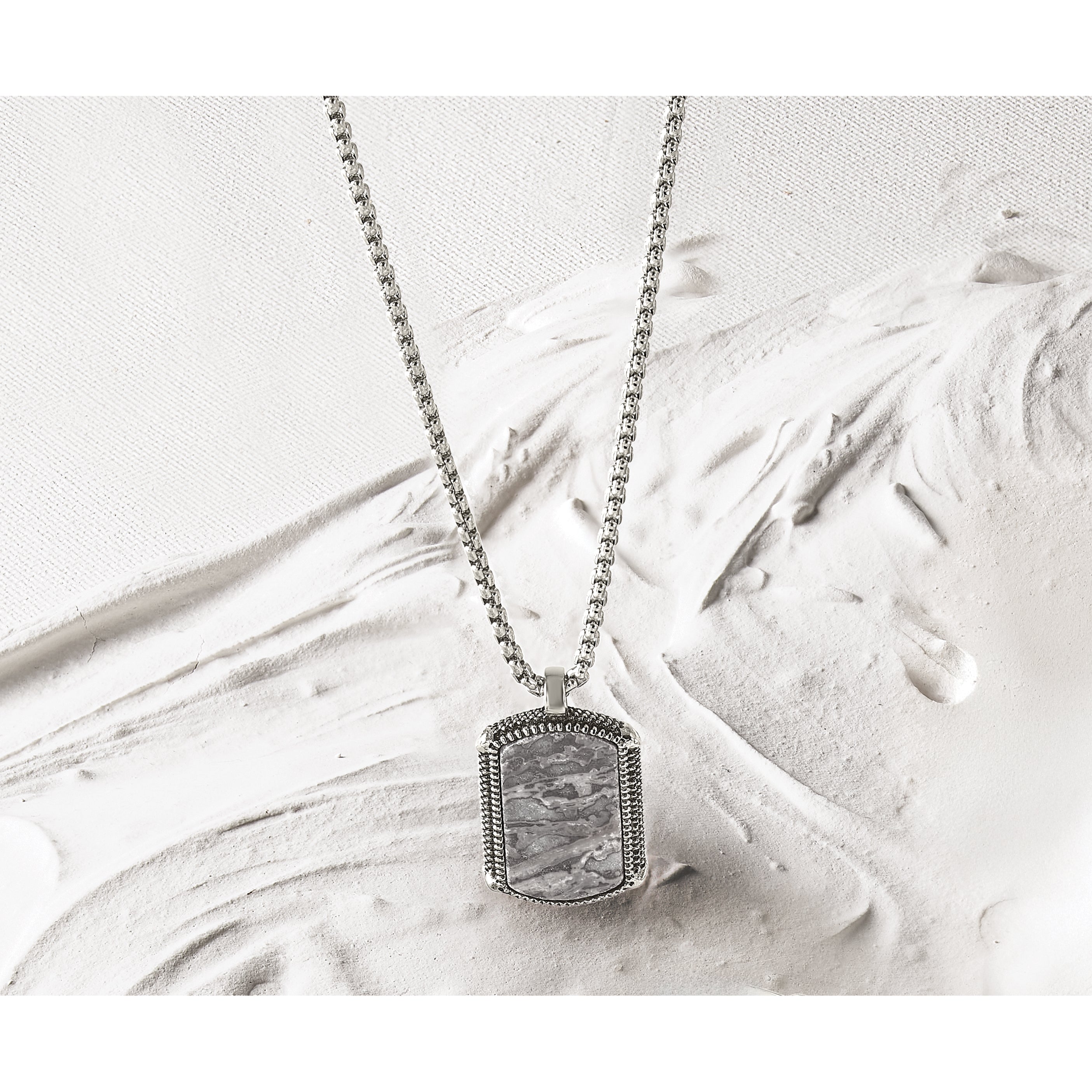 Men's Antiqued Grey Jasper Dog Tag Stainless Steel Box Chain Pendant Necklace 1.8mm