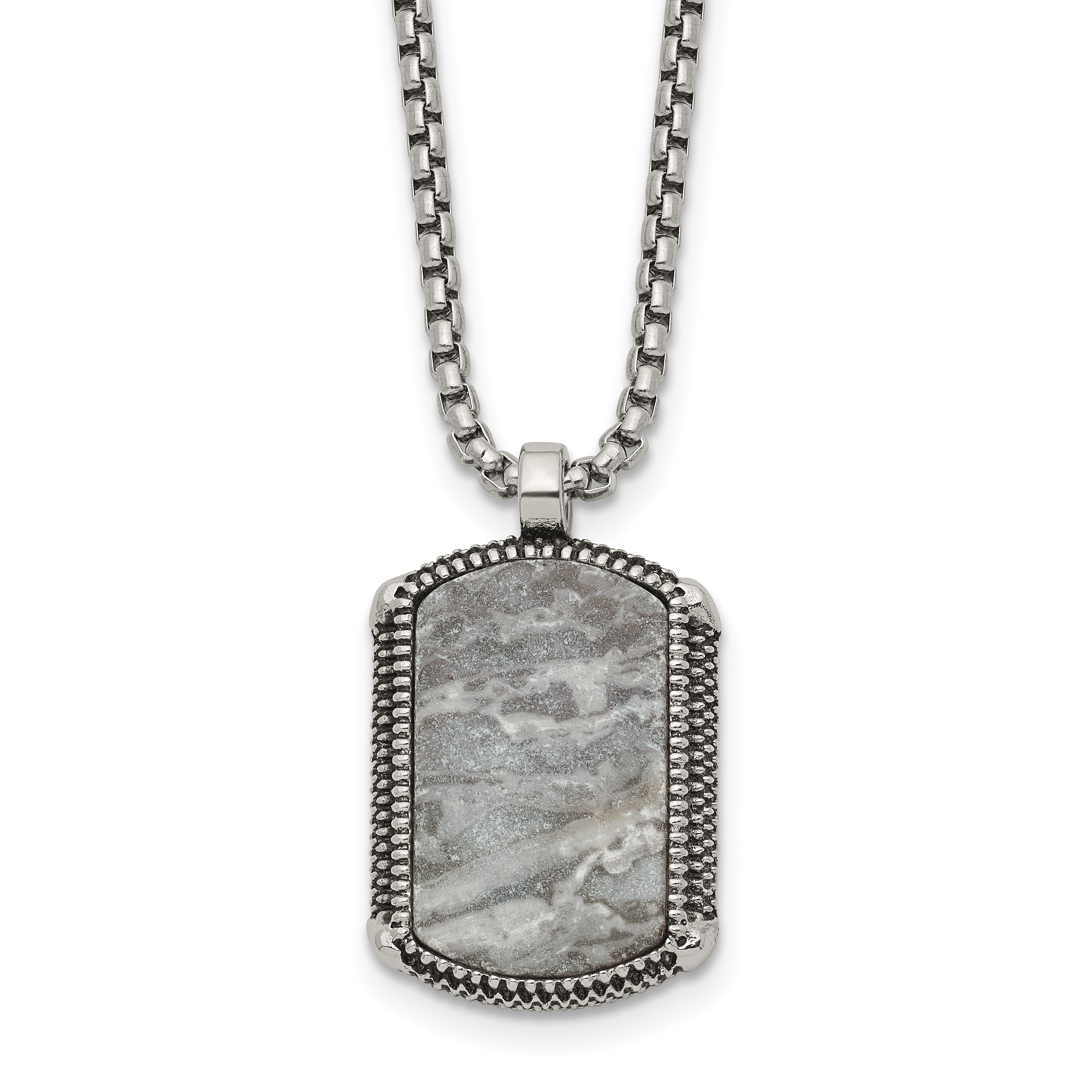 Men's Antiqued Grey Jasper Dog Tag Stainless Steel Box Chain Pendant Necklace 1.8mm Main image