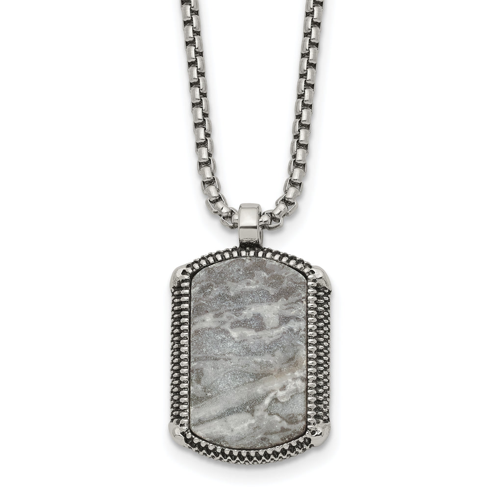 Men's Antiqued Grey Jasper Dog Tag Stainless Steel Box Chain Pendant Necklace 1.8mm