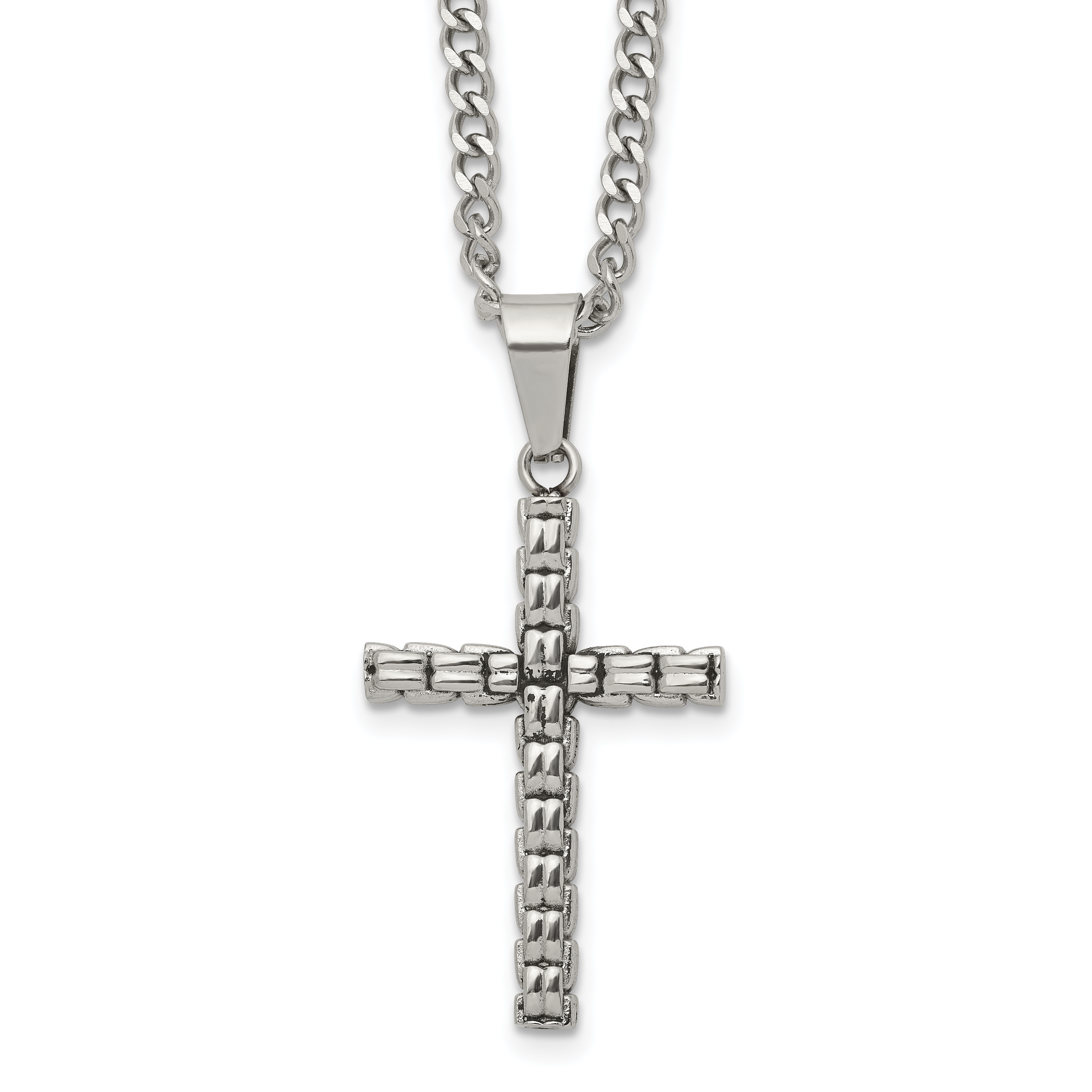Men's Polished Cross Stainless Steel Curb Chain Necklace 3mm