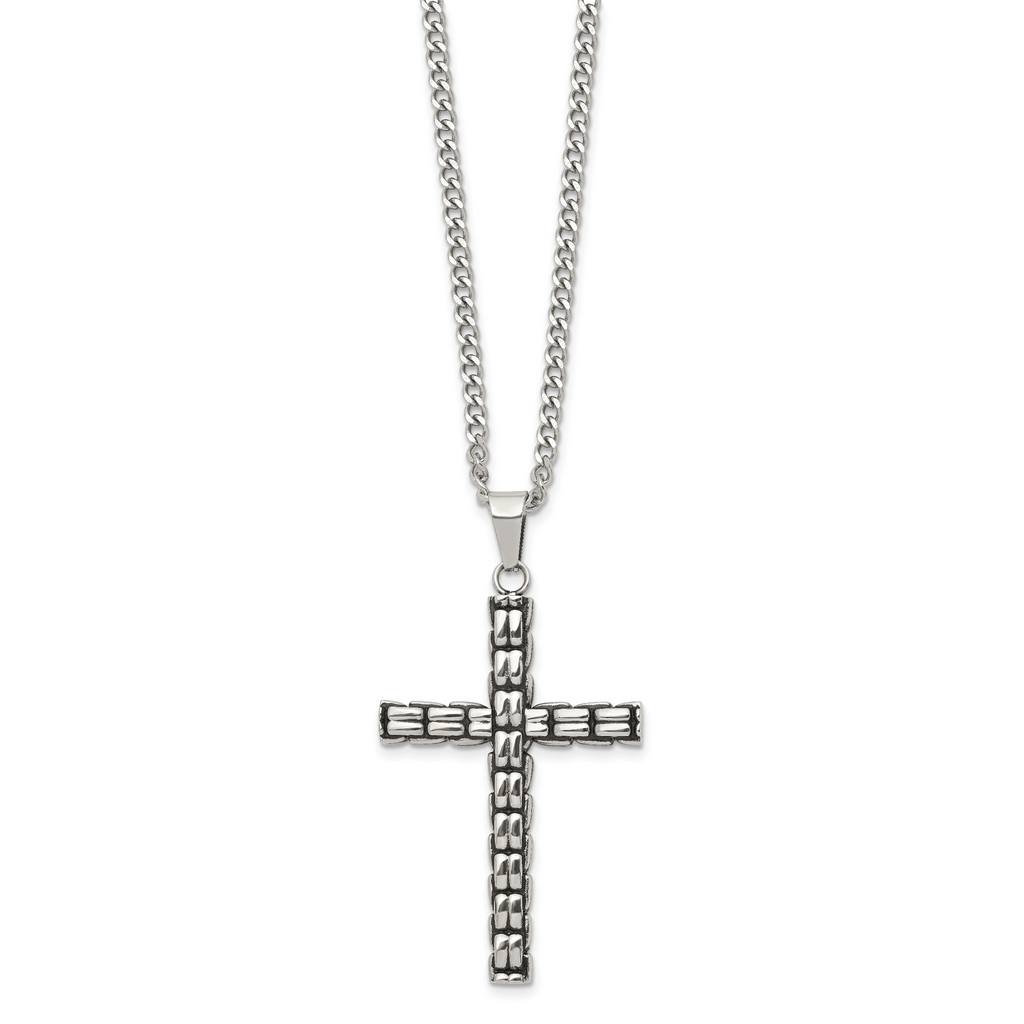 Men's Antiqued Cross Stainless Steel Curb Chain Necklace 3mm Woven