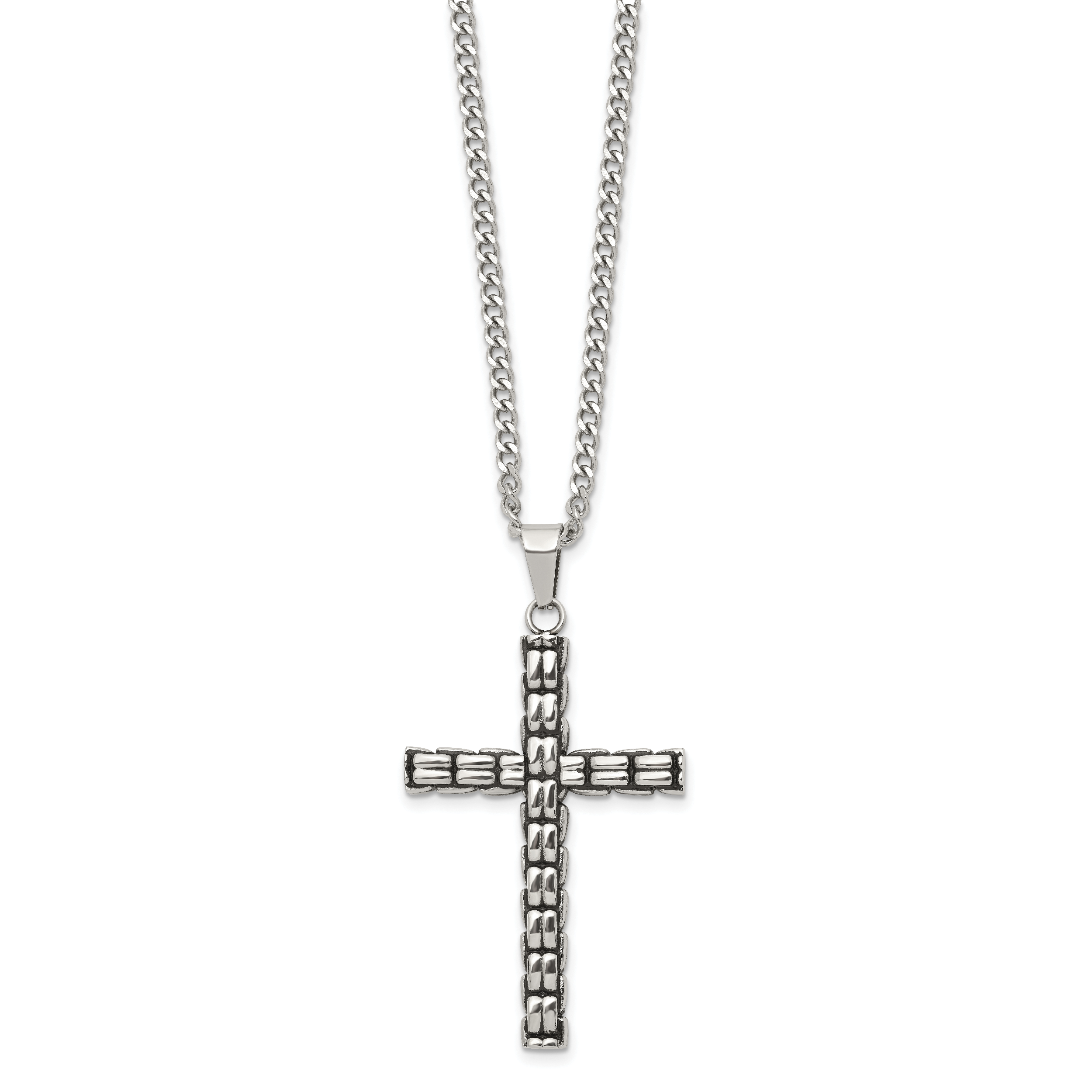 Men's Antiqued Cross Stainless Steel Curb Chain Necklace 3mm Woven