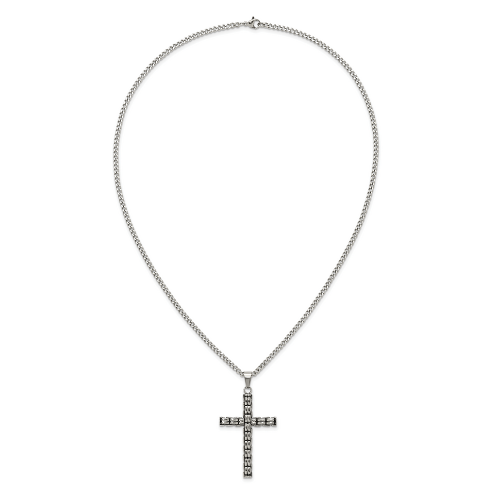 Men's Antiqued Cross Stainless Steel Curb Chain Necklace 3mm Woven