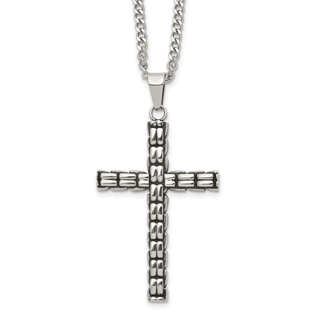 Men's Antiqued Cross Stainless Steel Curb Chain Necklace 3mm Woven