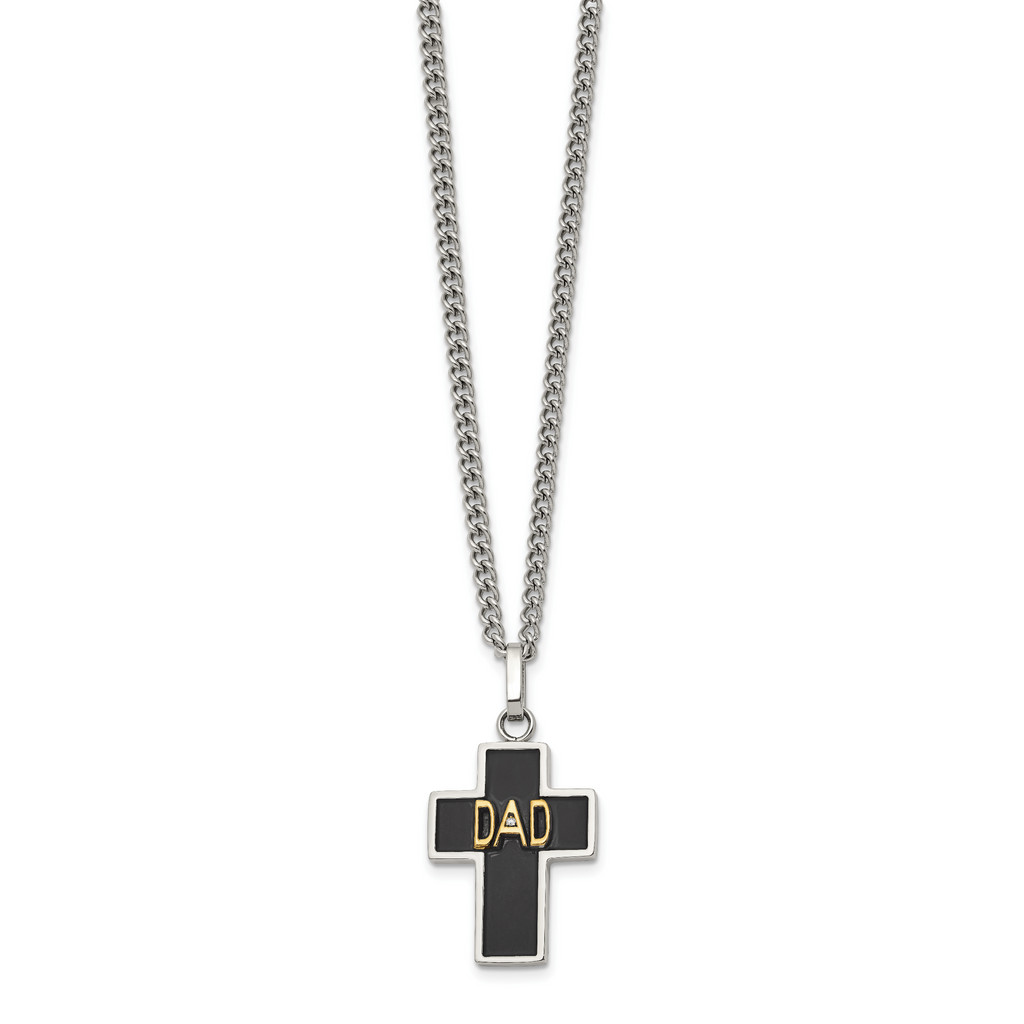 Men's Polished Diamond DAD Black Enamel Stainless Steel 14K Gold Accent Curb Chain Cross Necklace 2.85mm