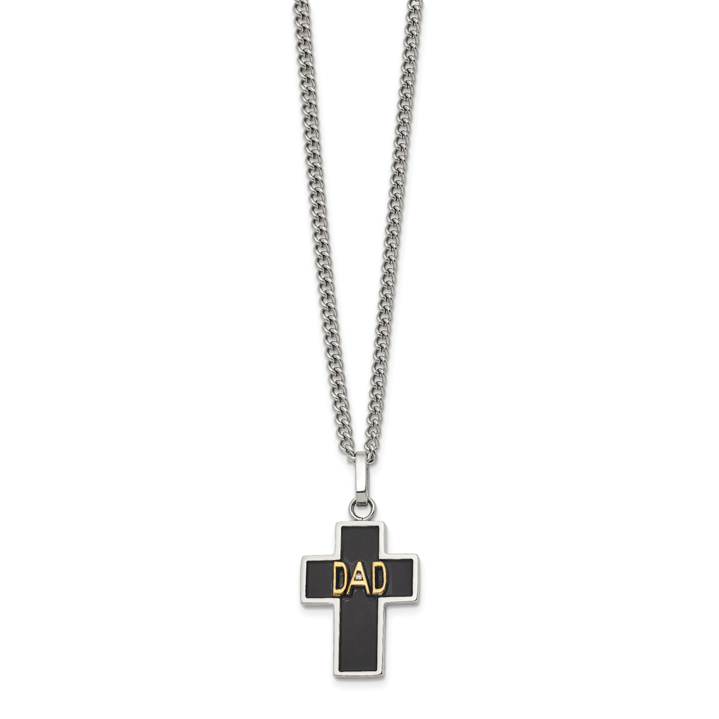 Men's Polished Diamond DAD Black Enamel Stainless Steel 14K Gold Accent Curb Chain Cross Necklace 2.85mm
